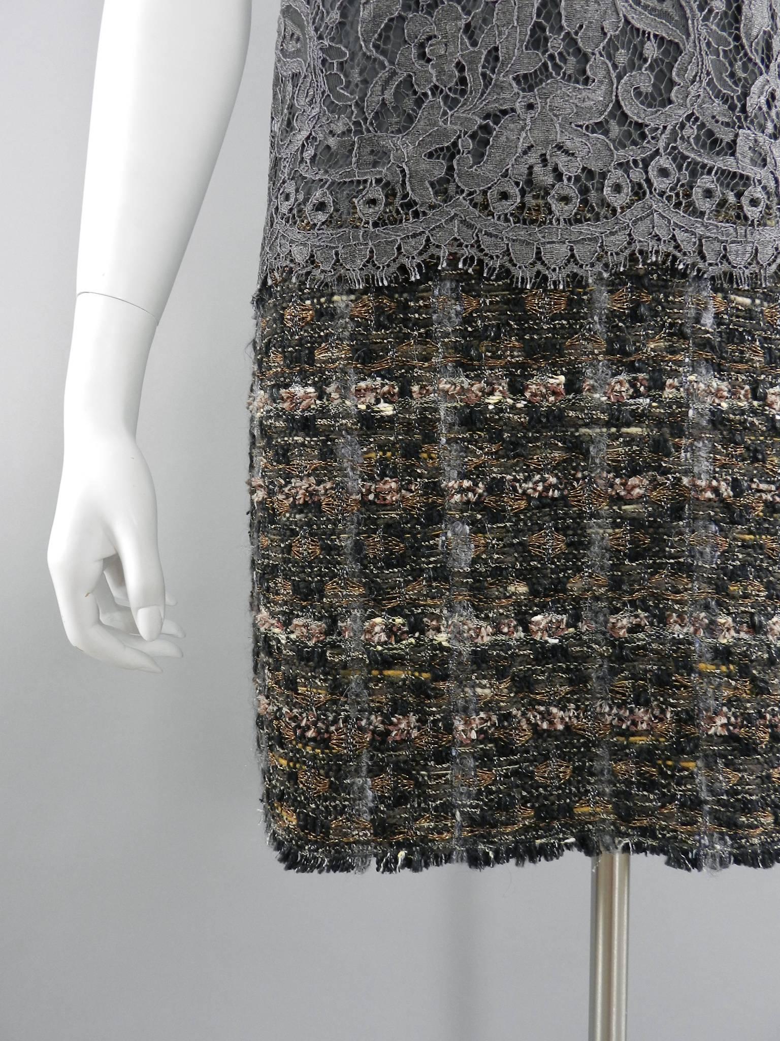 Dolce and Gabbana Grey Lace and Tweed Dress In Excellent Condition In Toronto, ON