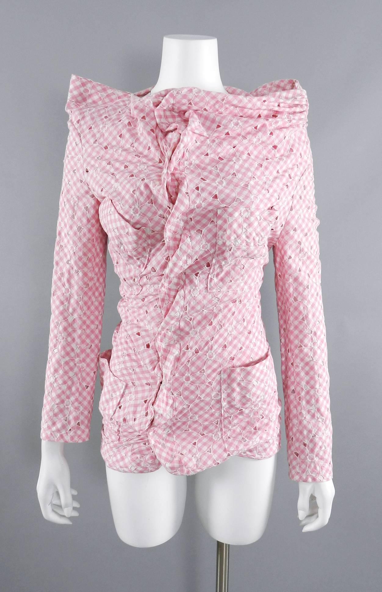 Junya Watanabe Pink Cotton gingham deconstructed Jacket.  Asymmetrical design that fastens at front with large silver snaps.  Front hip pockets, fitted silhouette, embroidered eyelet design.  Tagged with season code AD 2008 and size S (best for USA