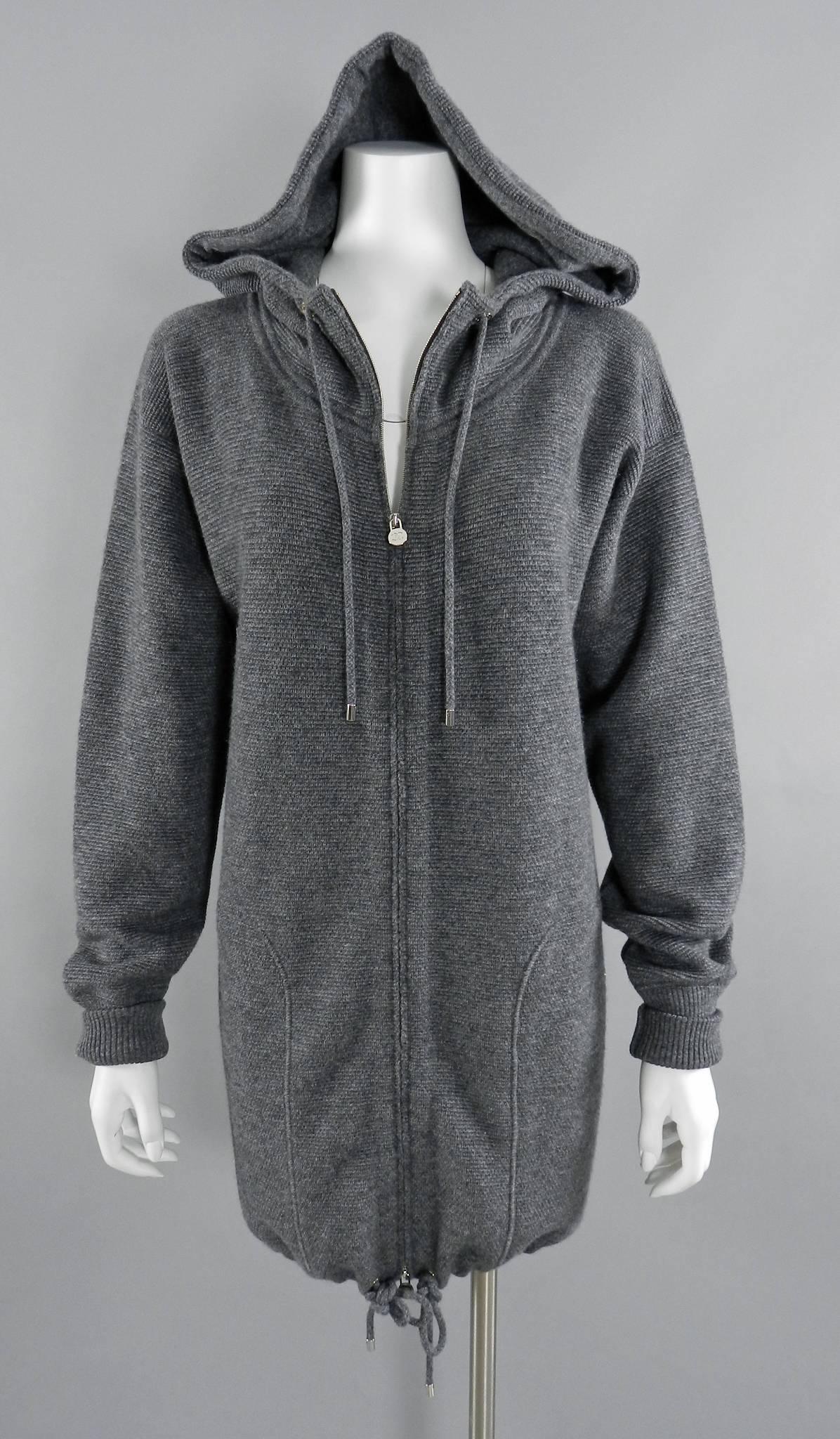 Chanel Grey Cashmere hoodie Sweater.  Silvertone metal zipper and hardware, side hip pockets, and drawstring hem.  Tagged size FR 38 (USA 6 - can fit 8).  Garment measures 41