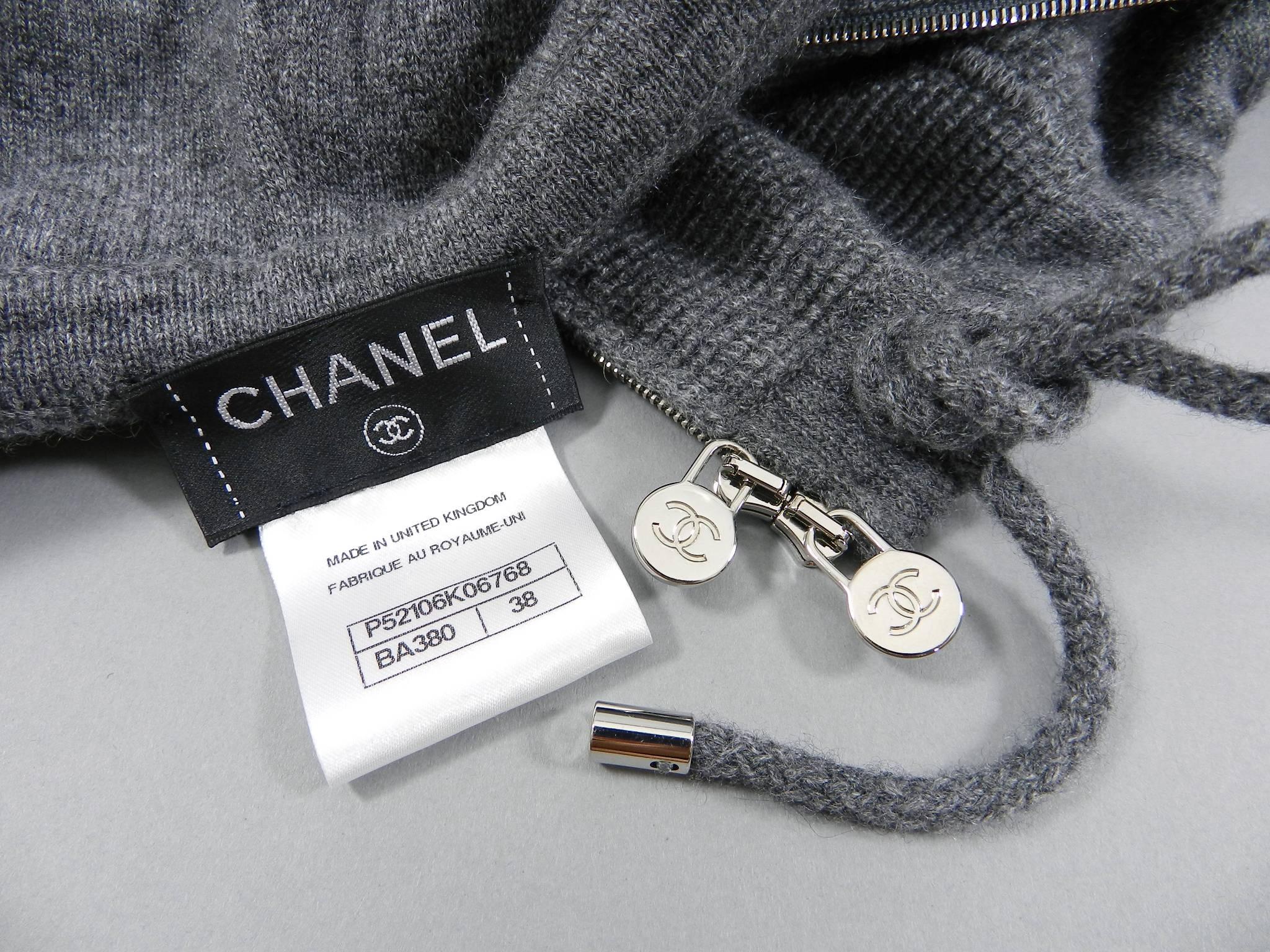 Women's Chanel Gray Cashmere Zipper hoodie Sweater 