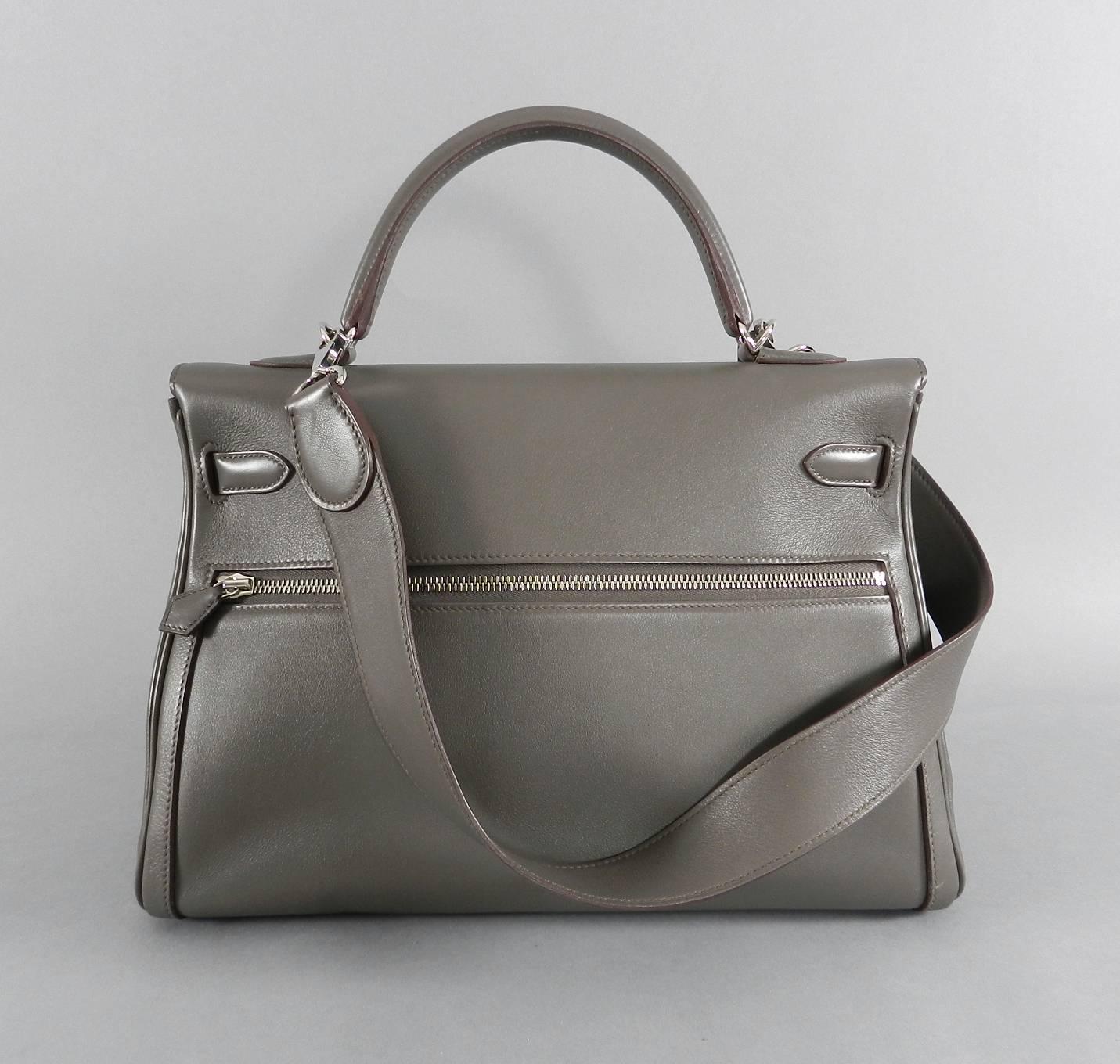 Hermes Kelly Lakis 35cm bag in Etain Swift leather with Palladium Hardware.  Excellent pre-owned condition. Please view all photos.  Metal hardware is excellent, corners are excellent. Date stamp P in square for year 2012.  100% authentic. Includes
