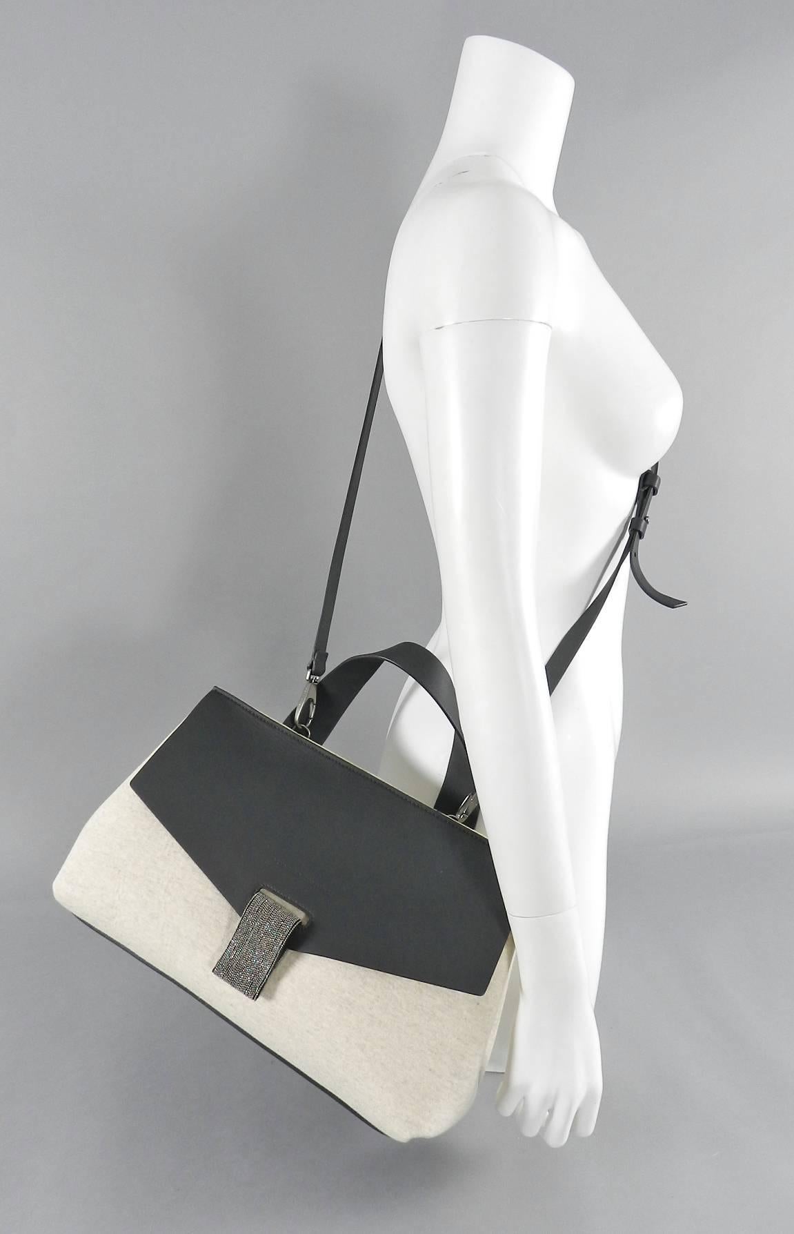 Brunello Cucinelli Dark Charcoal Grey and Cashmere Bag Purse. $2650 retail.  Body of bag measures about 13.5 x 8.5 x 6.5
