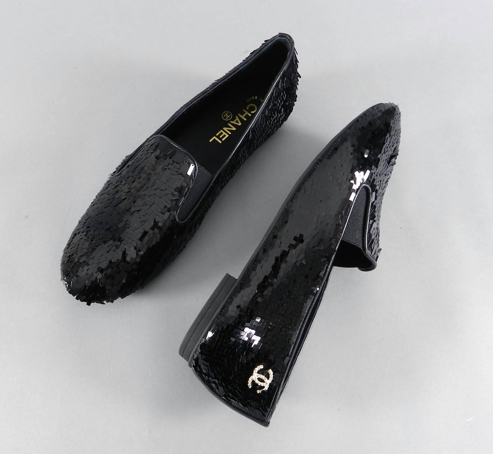 Chanel Lesage Sequin Black Loafers Shoes New in Box In New Condition In Toronto, ON