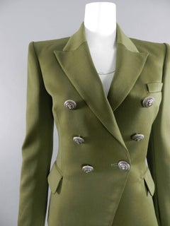 Balmain Olive Green Wool Blazer with Silver Lion Head Buttons
