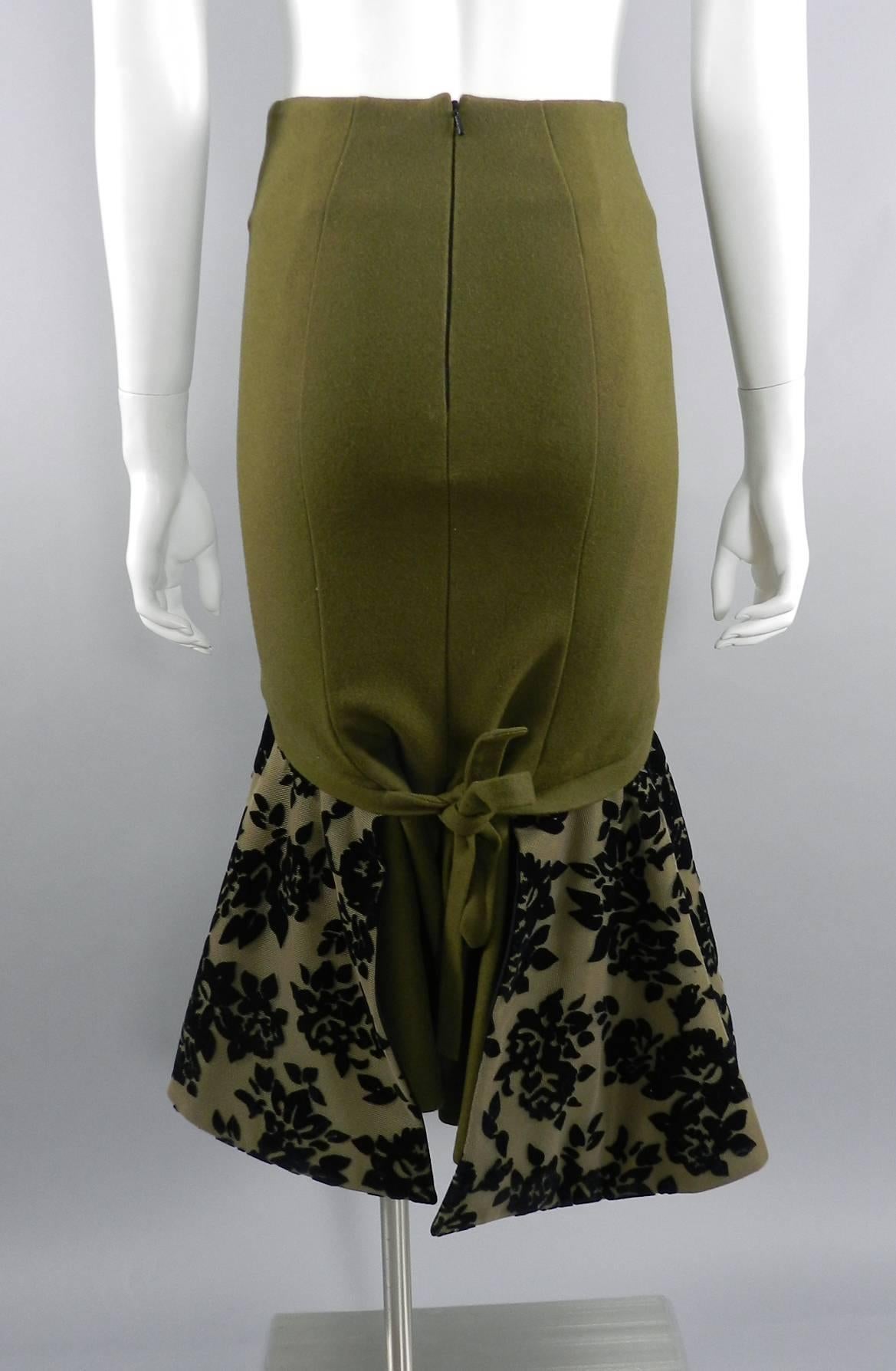 Women's mary katrantzou olive green flocked mesh and felt wool skirt