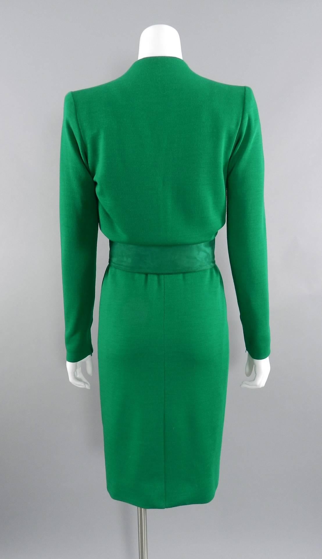 YSL Yves Saint Laurent Haute Couture Vintage 1990's Green Wool Knit Jersey Dress In Excellent Condition In Toronto, ON