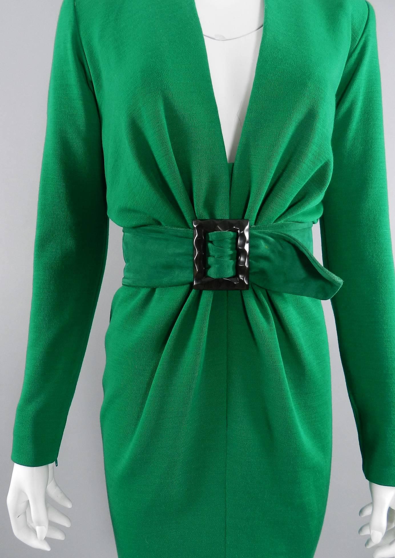 Women's YSL Yves Saint Laurent Haute Couture Vintage 1990's Green Wool Knit Jersey Dress