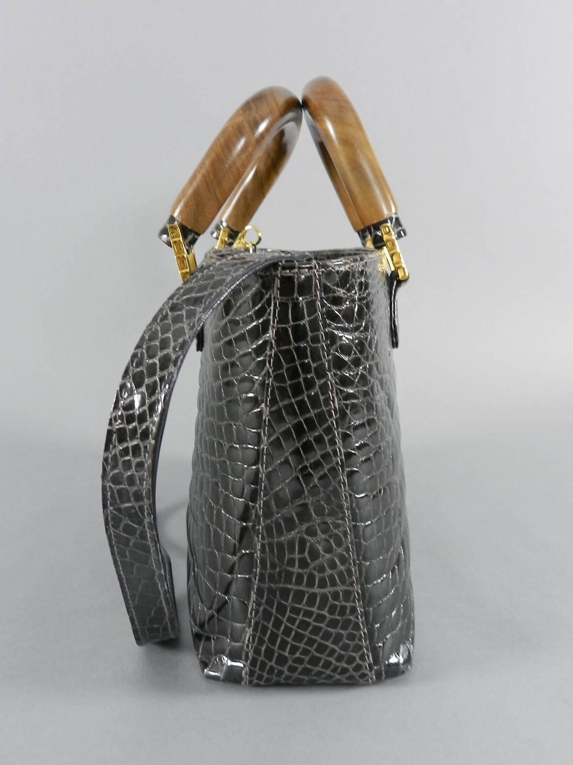 Lana Marks Dark Grey Crocodile Bag with Wood Handles In Excellent Condition For Sale In Toronto, ON