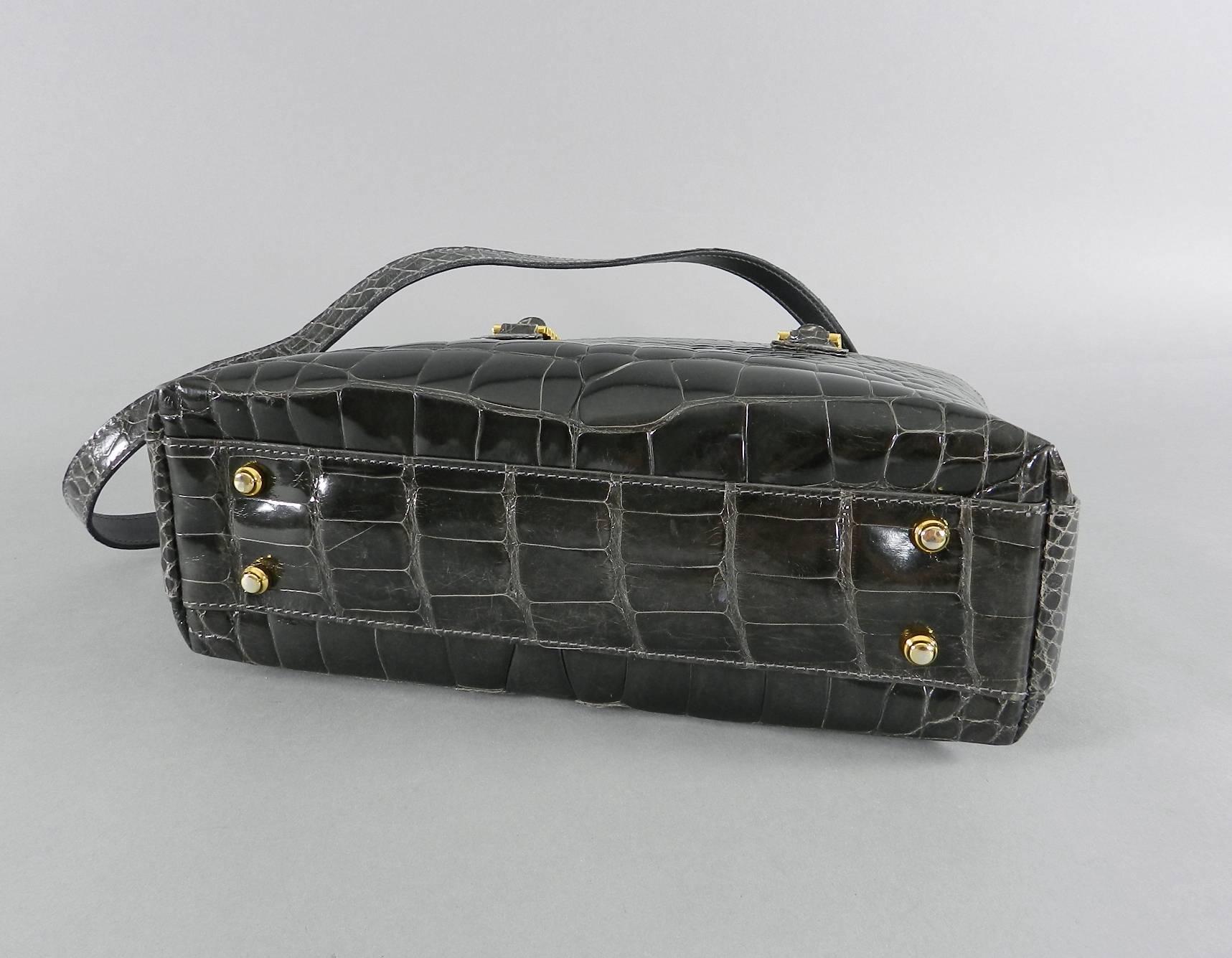 Women's Lana Marks Dark Grey Crocodile Bag with Wood Handles For Sale