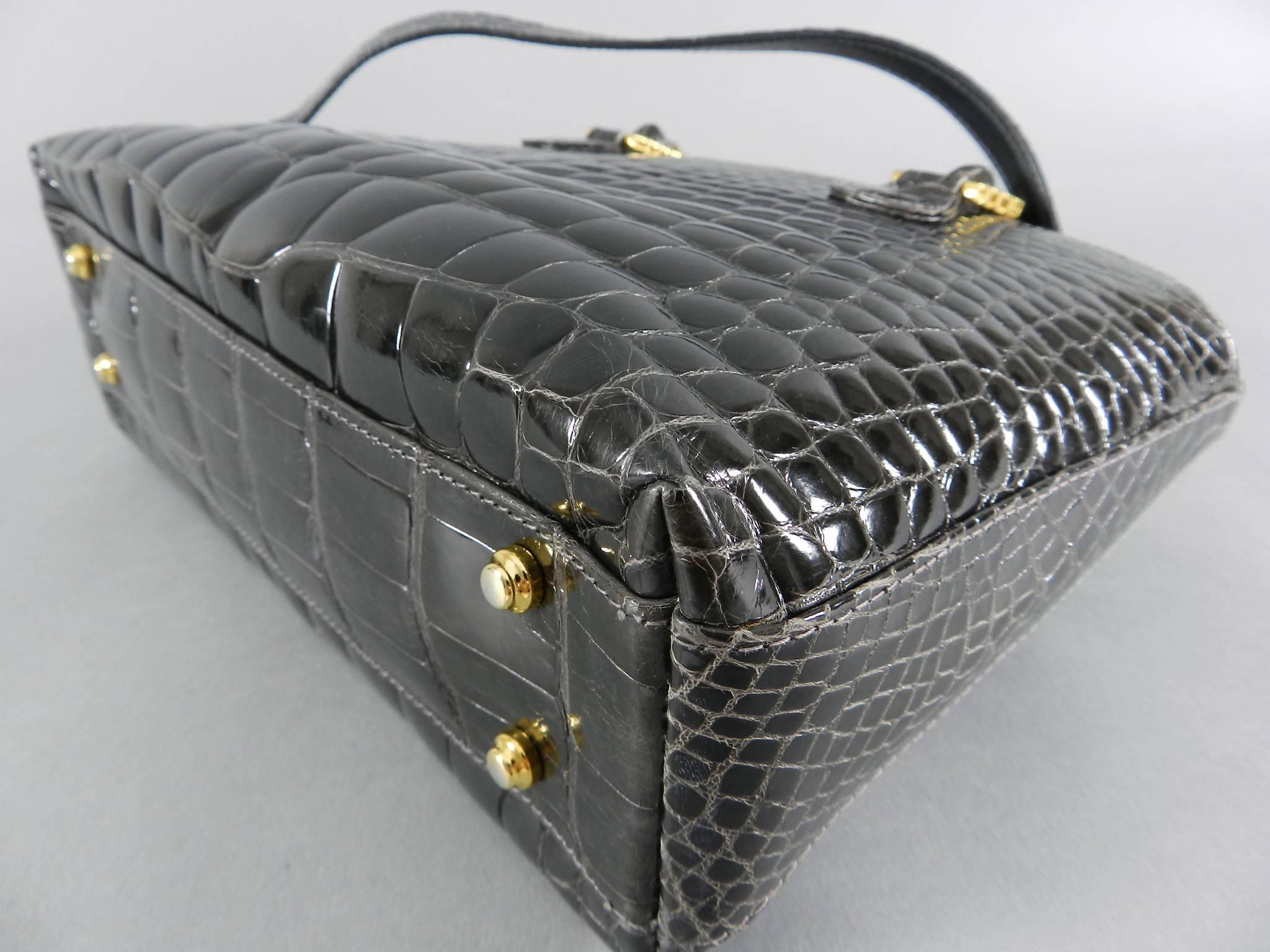 Lana Marks Dark Grey Crocodile Bag with Wood Handles For Sale 1