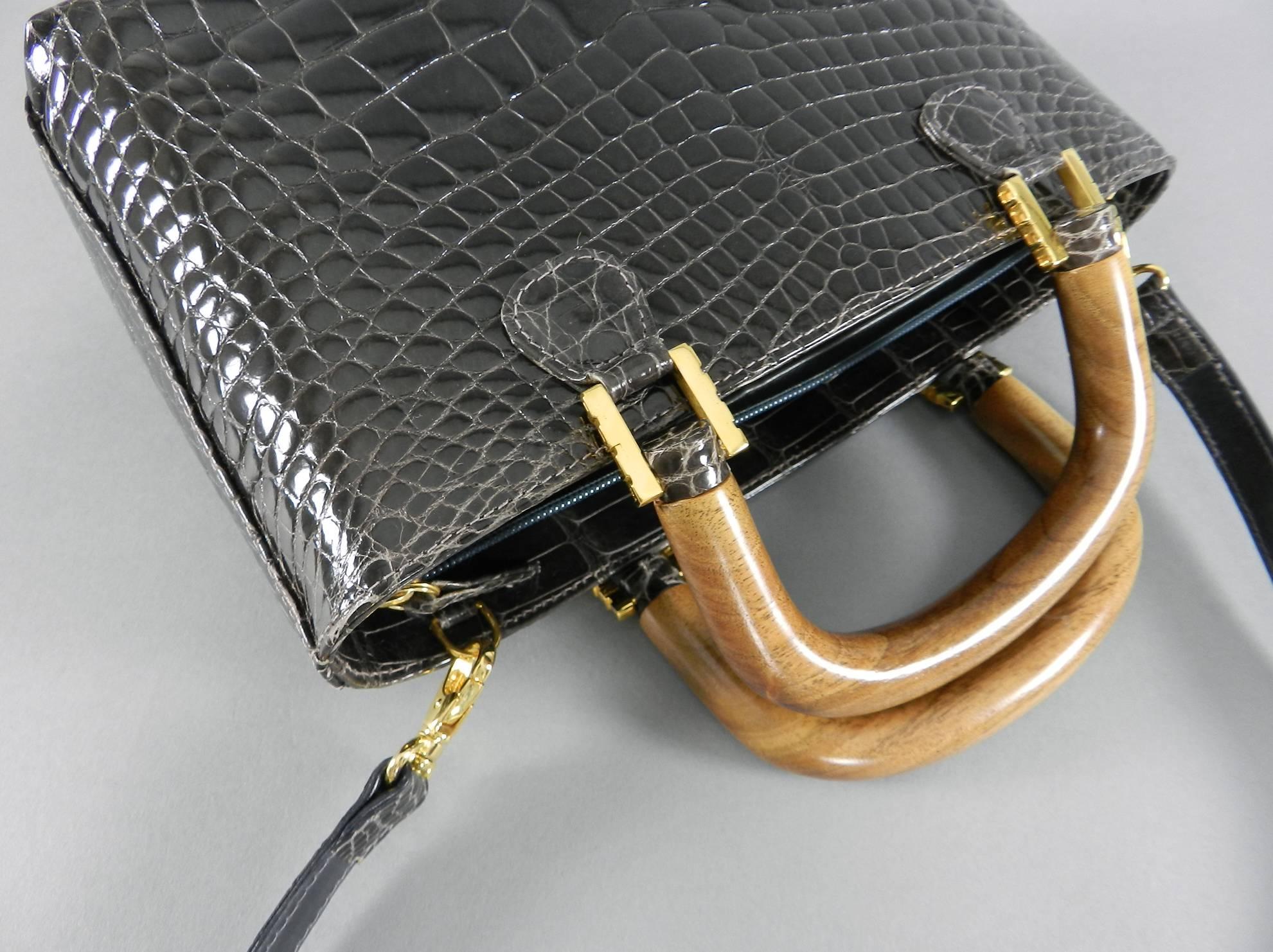 Lana Marks Dark Grey Crocodile Bag with Wood Handles For Sale 4