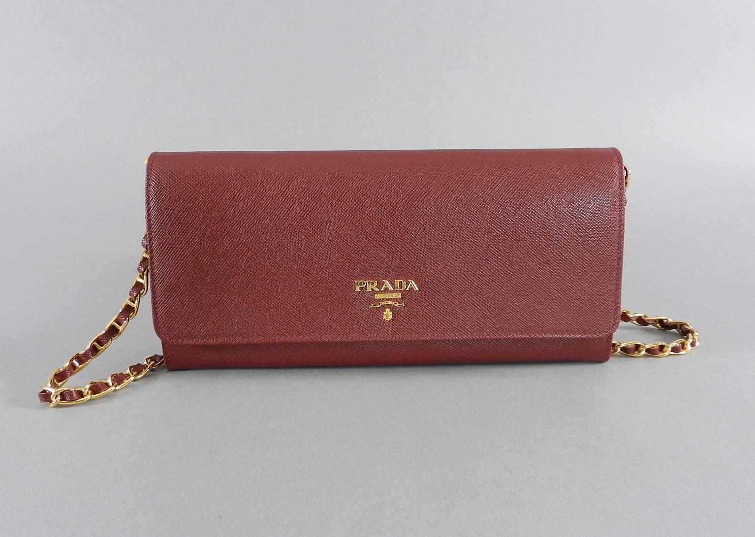 Prada Cerise Saffiano Leather Wallet on a Chain  In New Condition In Toronto, ON