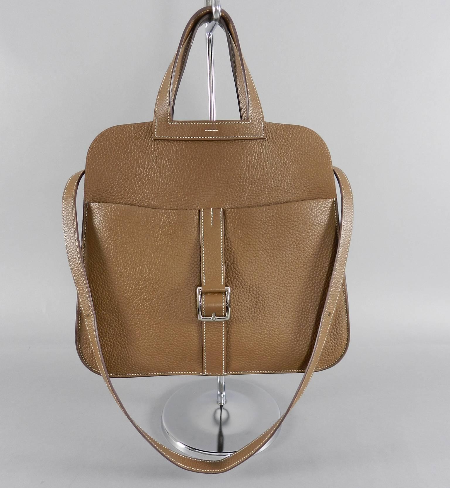 Hermes Halzan Bag - 31 cm in Taurillon Clemence leather in Alezan color and palladium hardware. Fall 2014 runway season bag. Body of bag measures 12 x 8 x 4