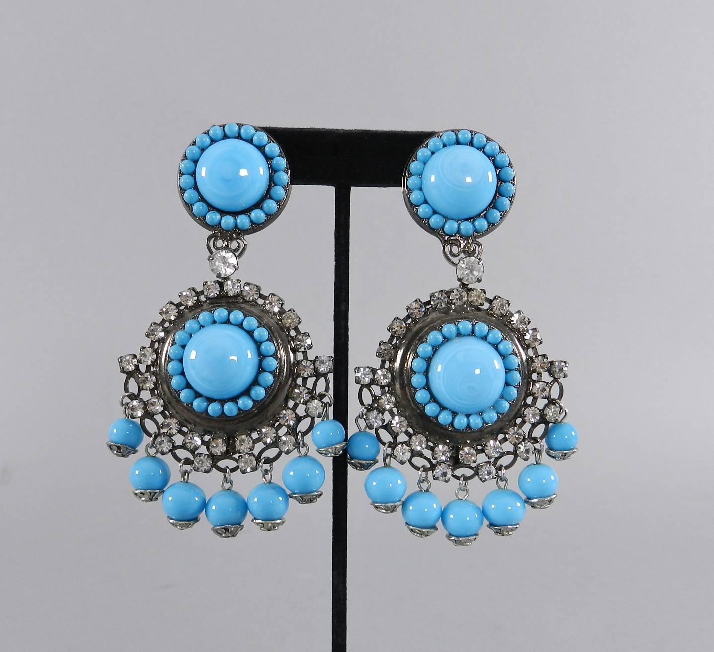 Lawrence Vrba Turquoise Glass and Rhinestone Drop Earrings In Excellent Condition In Toronto, ON