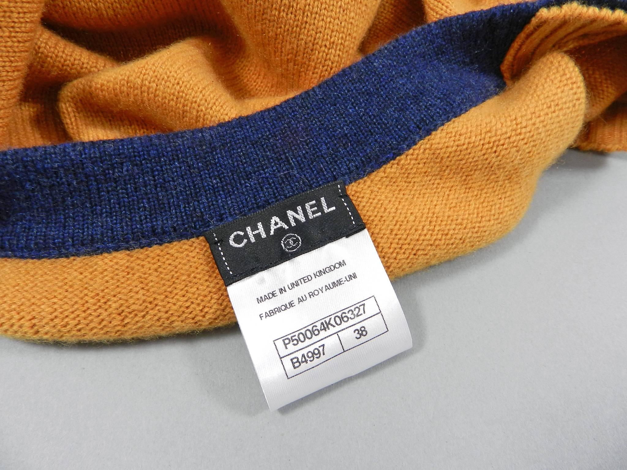 Orange Chanel mustard and navy V-neck Cashmere sweater