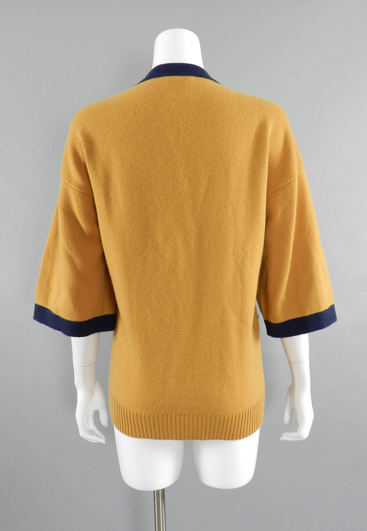 Women's Chanel mustard and navy V-neck Cashmere sweater