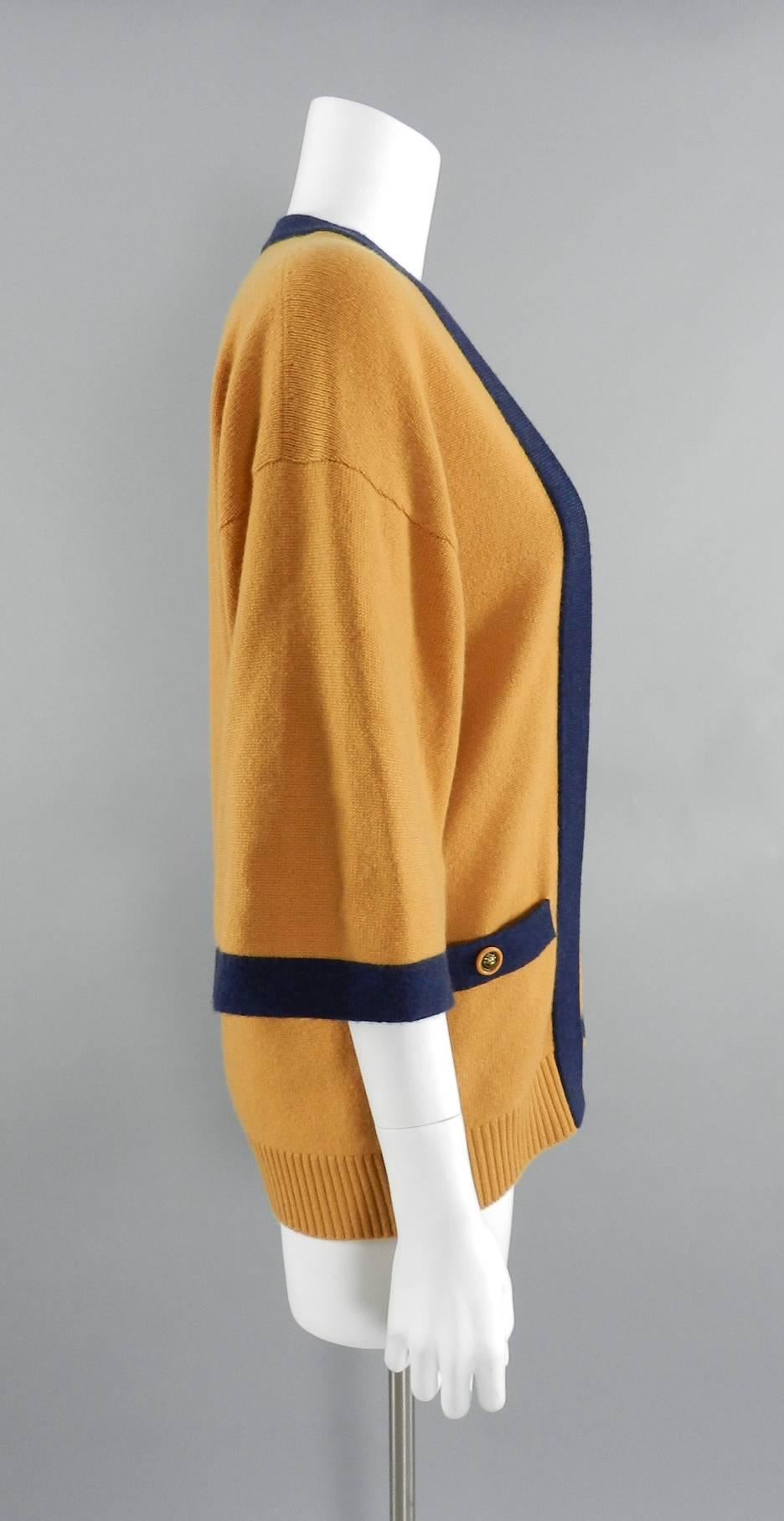 Chanel mustard and navy V-neck Cashmere sweater 1