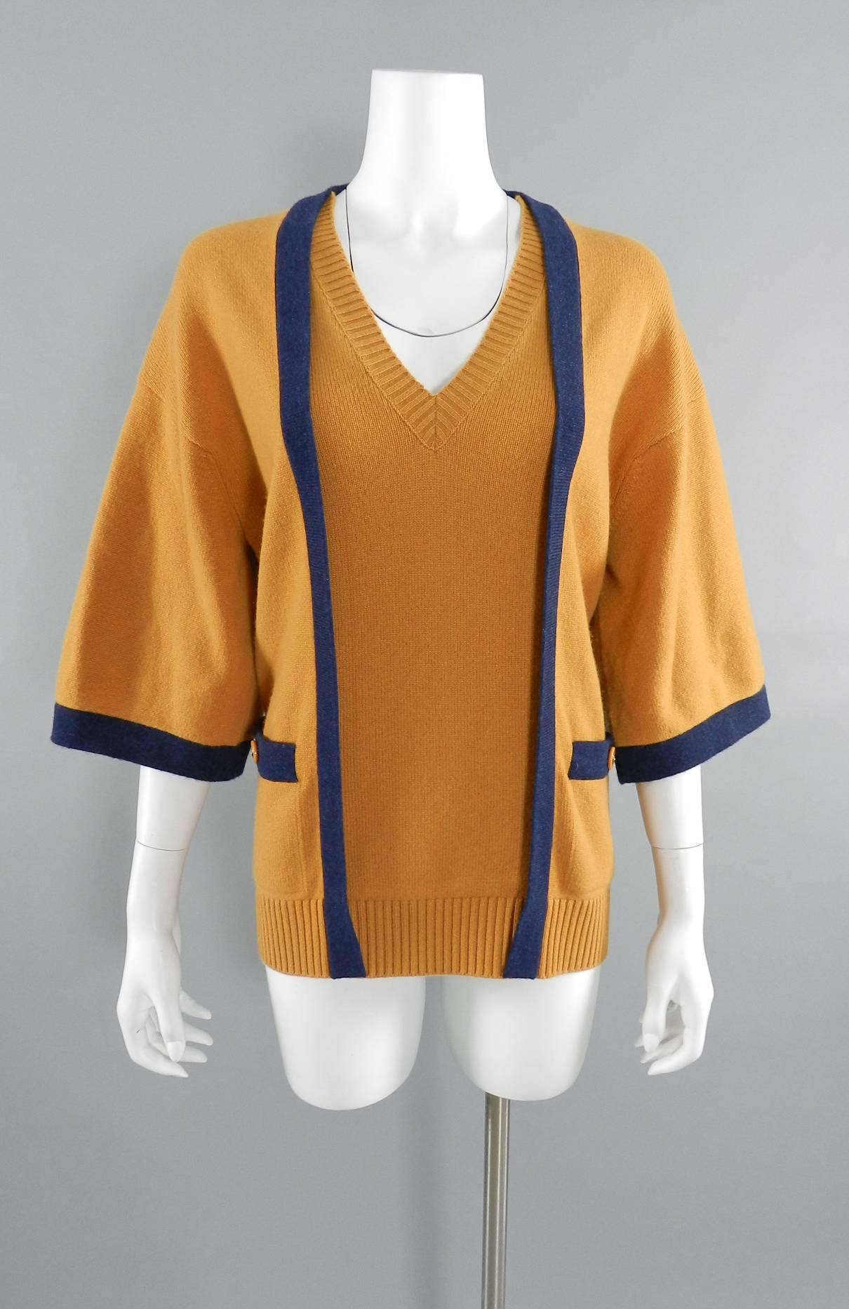 Chanel mustard and navy V-neck Cashmere sweater 2