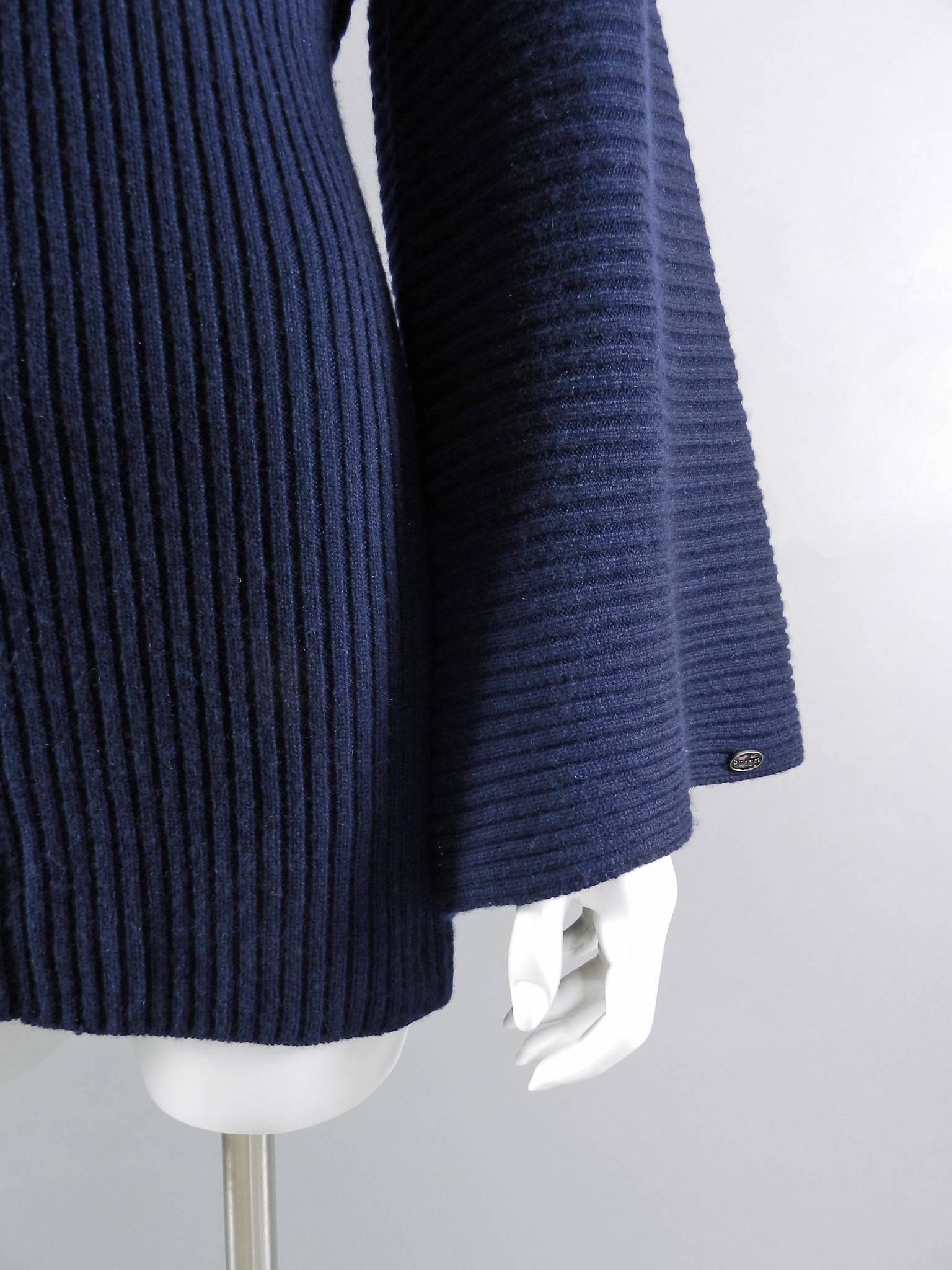 Black Chanel navy ribbed cashmere sweater with bell sleeves and knot back