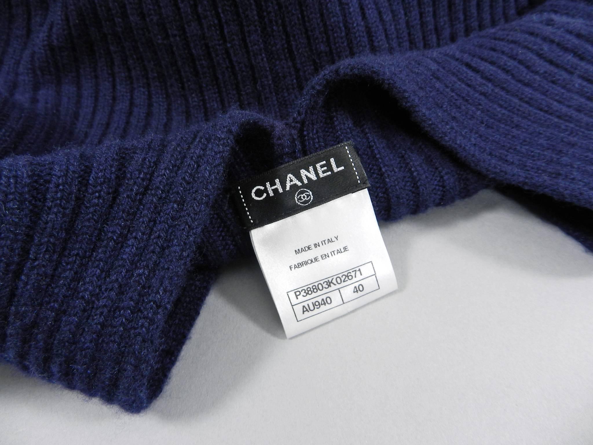 Women's Chanel navy ribbed cashmere sweater with bell sleeves and knot back