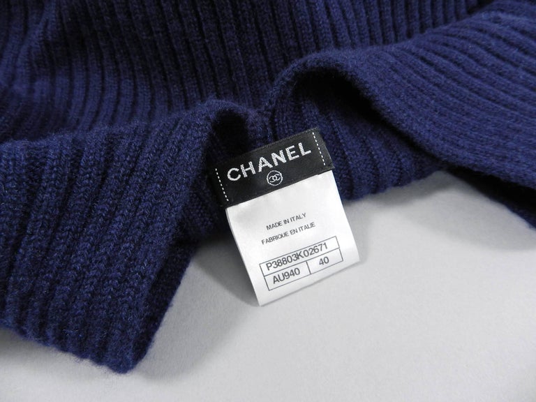 Chanel navy ribbed cashmere sweater with bell sleeves and knot back at ...