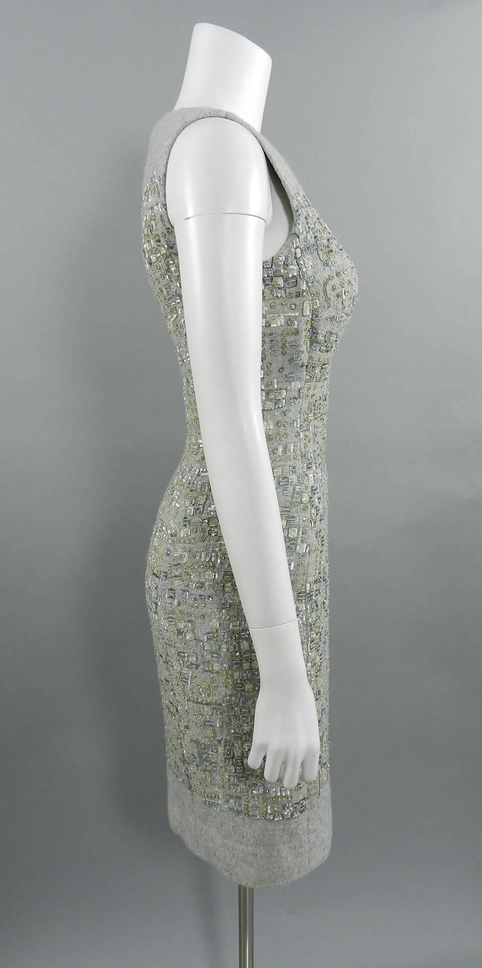 Gray Pierre Balmain by Oscar de la Renta Haute Couture Grey Wool Lesage Bead Dress