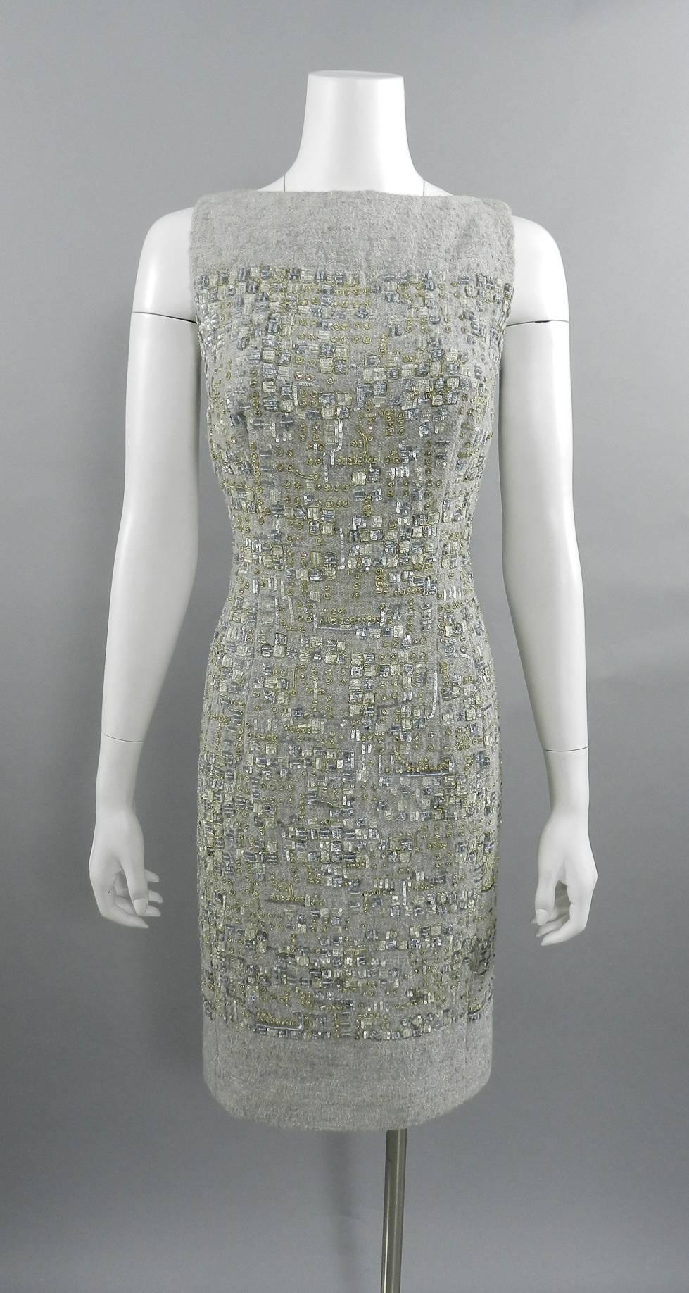 Pierre Balmain by Oscar de la Renta Haute Couture Grey Wool Lesage Bead Dress 2