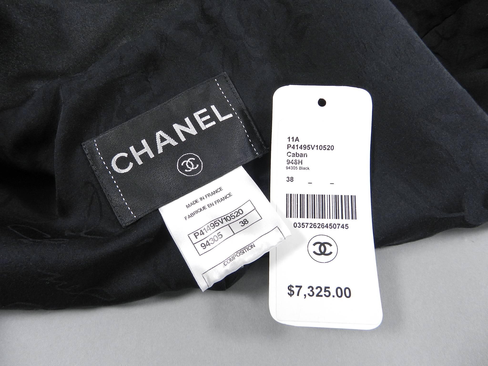 Chanel 11A Black Silk Satin Caban Jacket with Square Silver Buttons In Excellent Condition For Sale In Toronto, ON