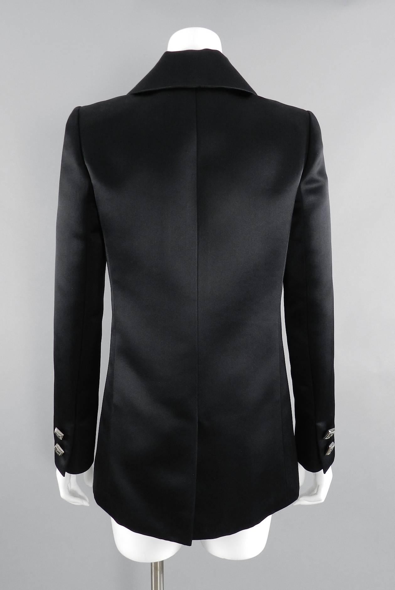 Women's Chanel 11A Black Silk Satin Caban Jacket with Square Silver Buttons For Sale