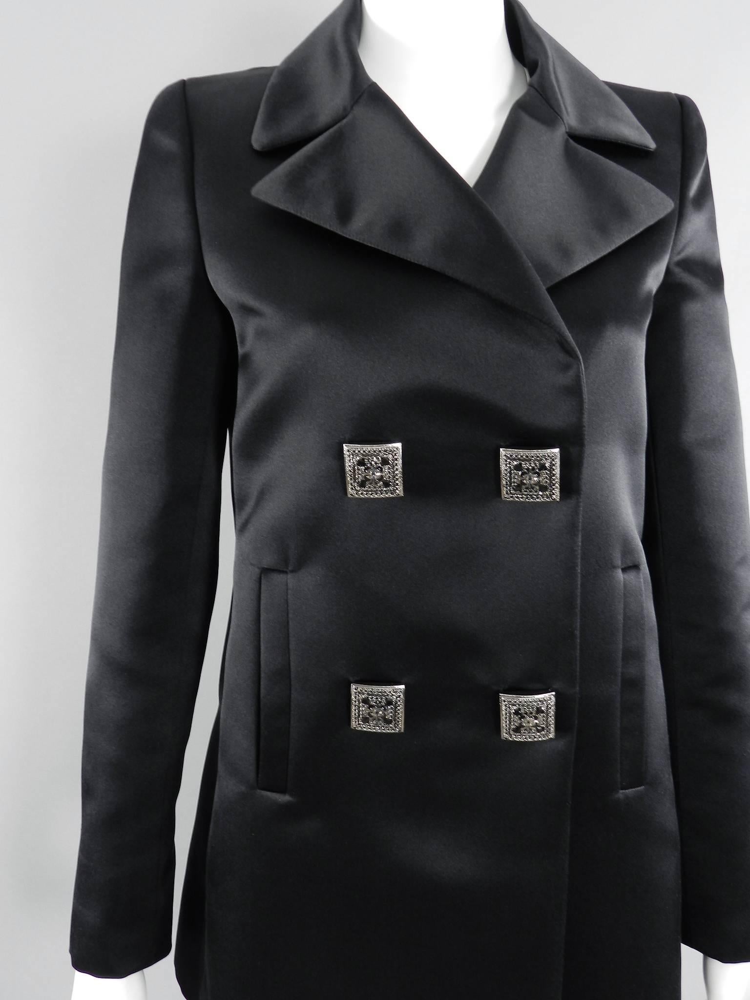 Chanel 11A Black Silk Satin Caban Jacket with Square Silver Buttons For Sale 2