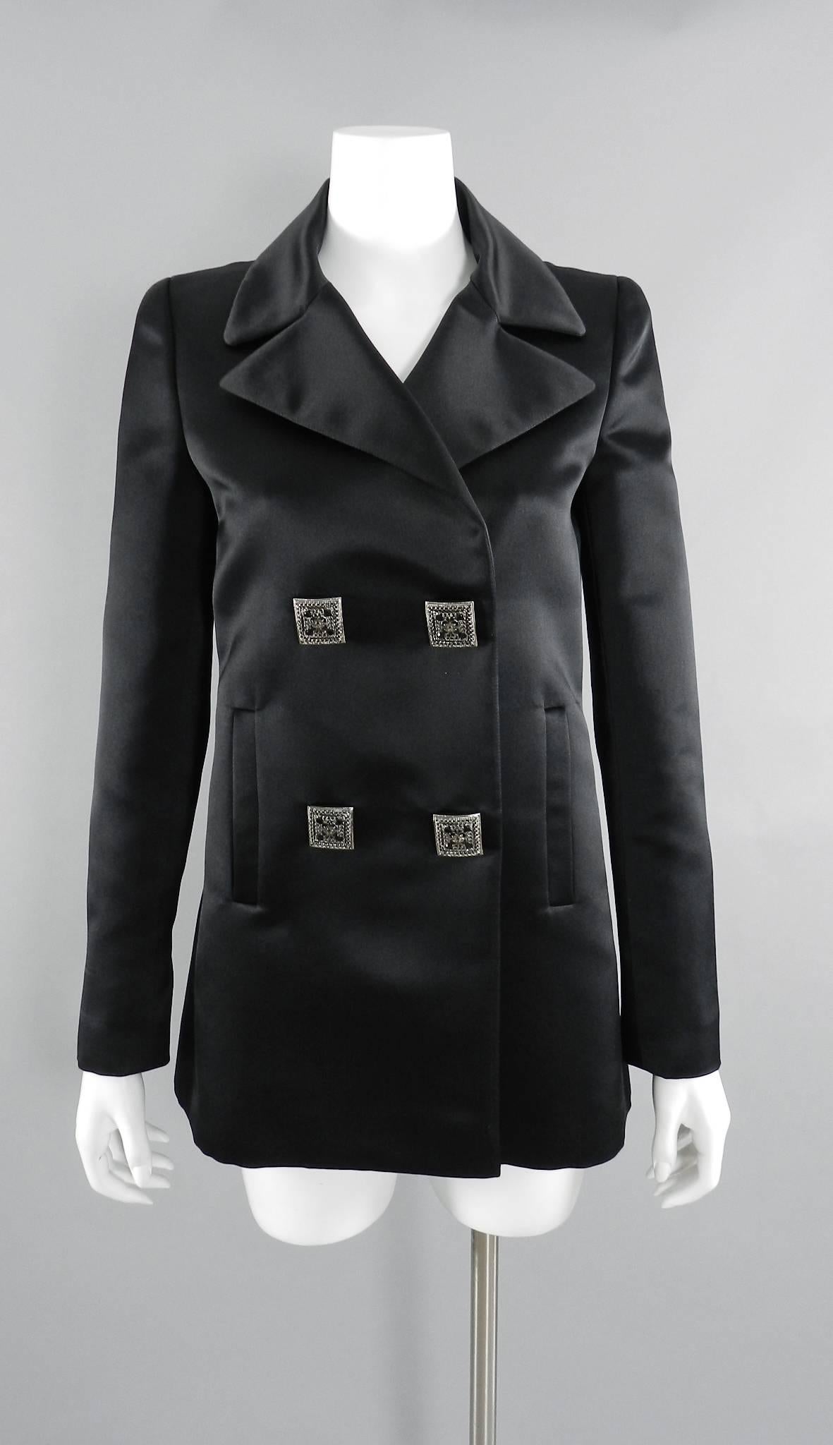 Chanel 11A Black Silk Satin Caban Jacket with Square Silver Buttons For Sale 3