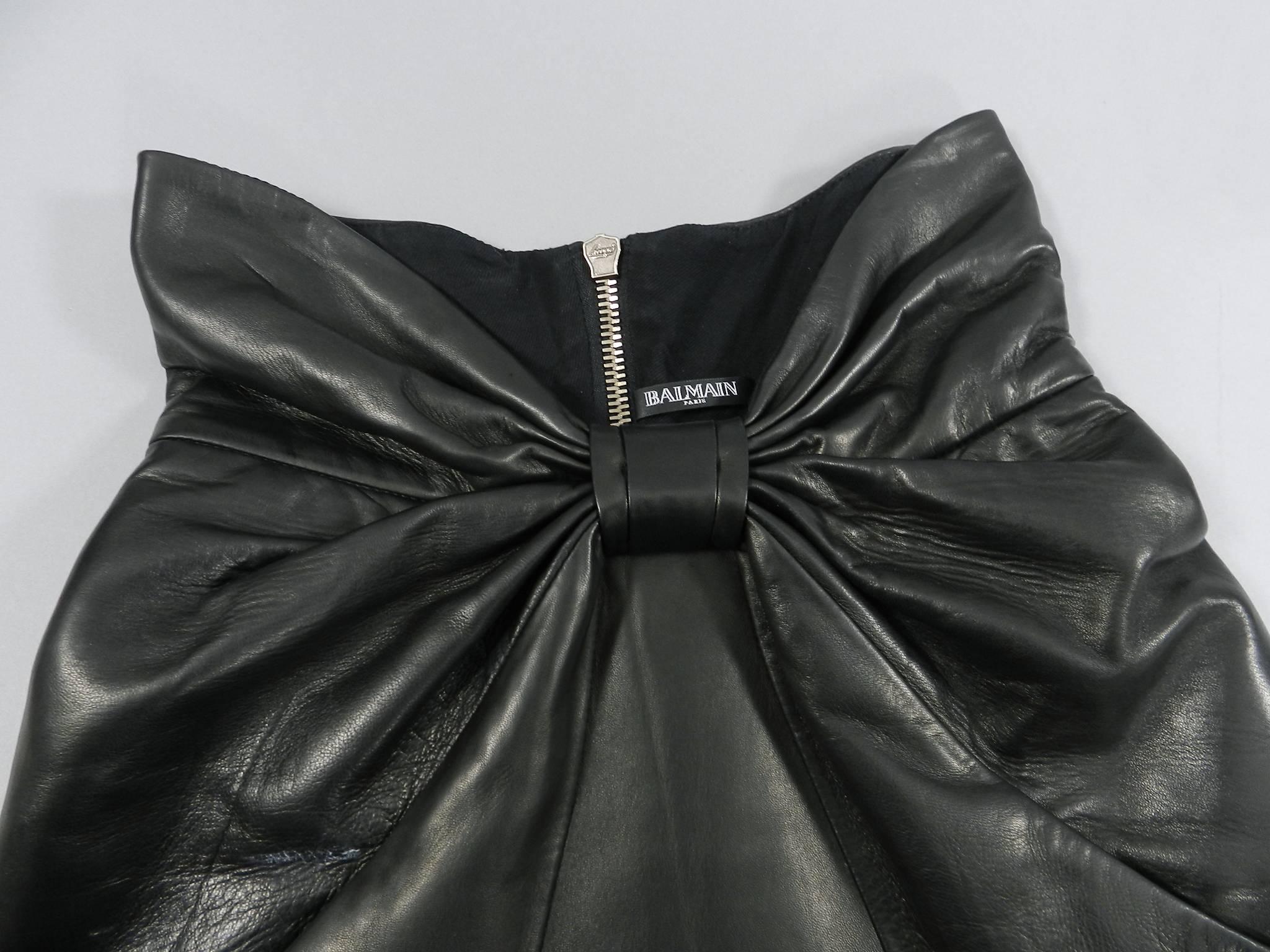 Balmain Pre Fall 2014 Black Leather High Waist Ruched Midi Skirt  1