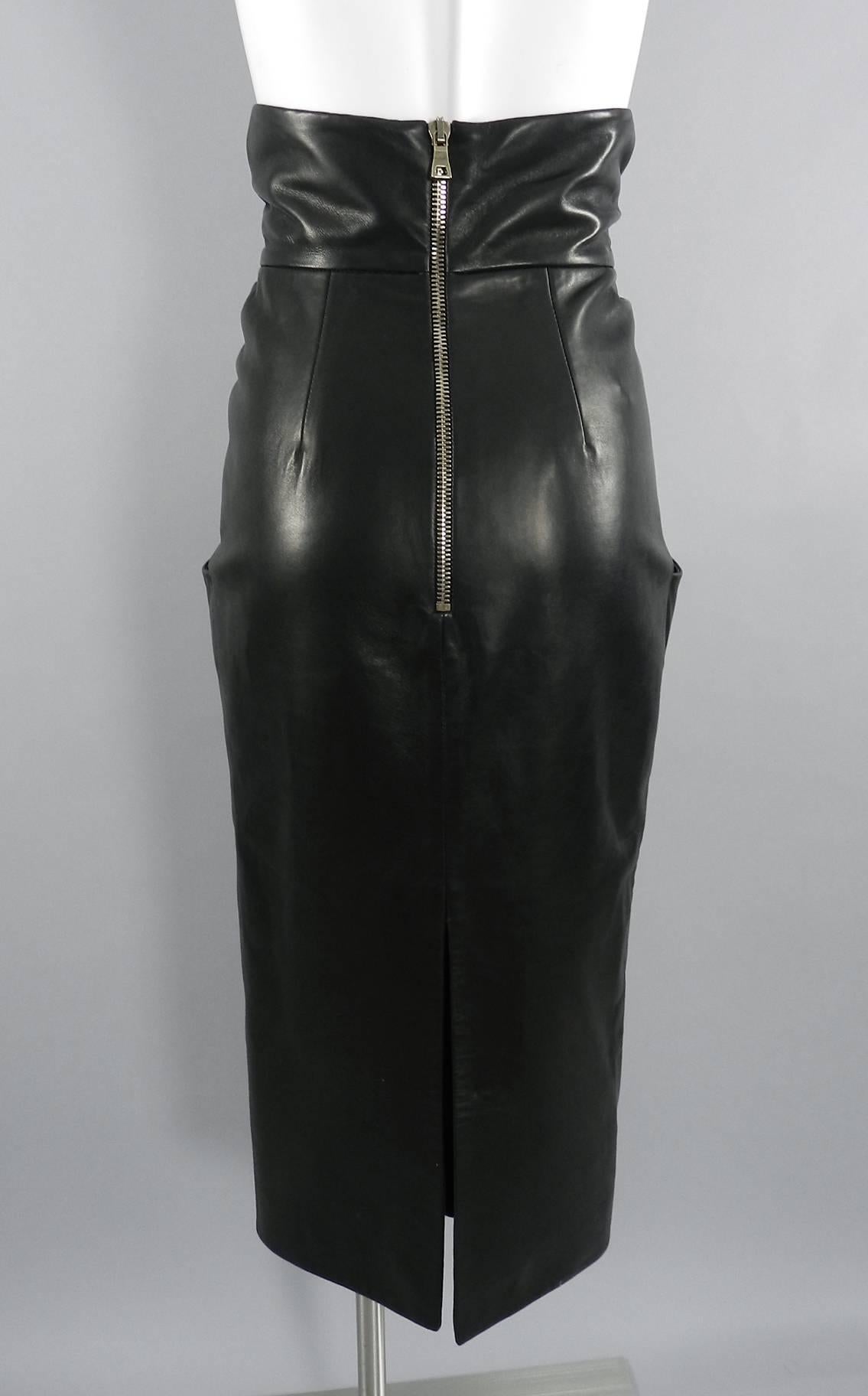 Balmain Pre Fall 2014 Black Leather High Waist Ruched Midi Skirt  2