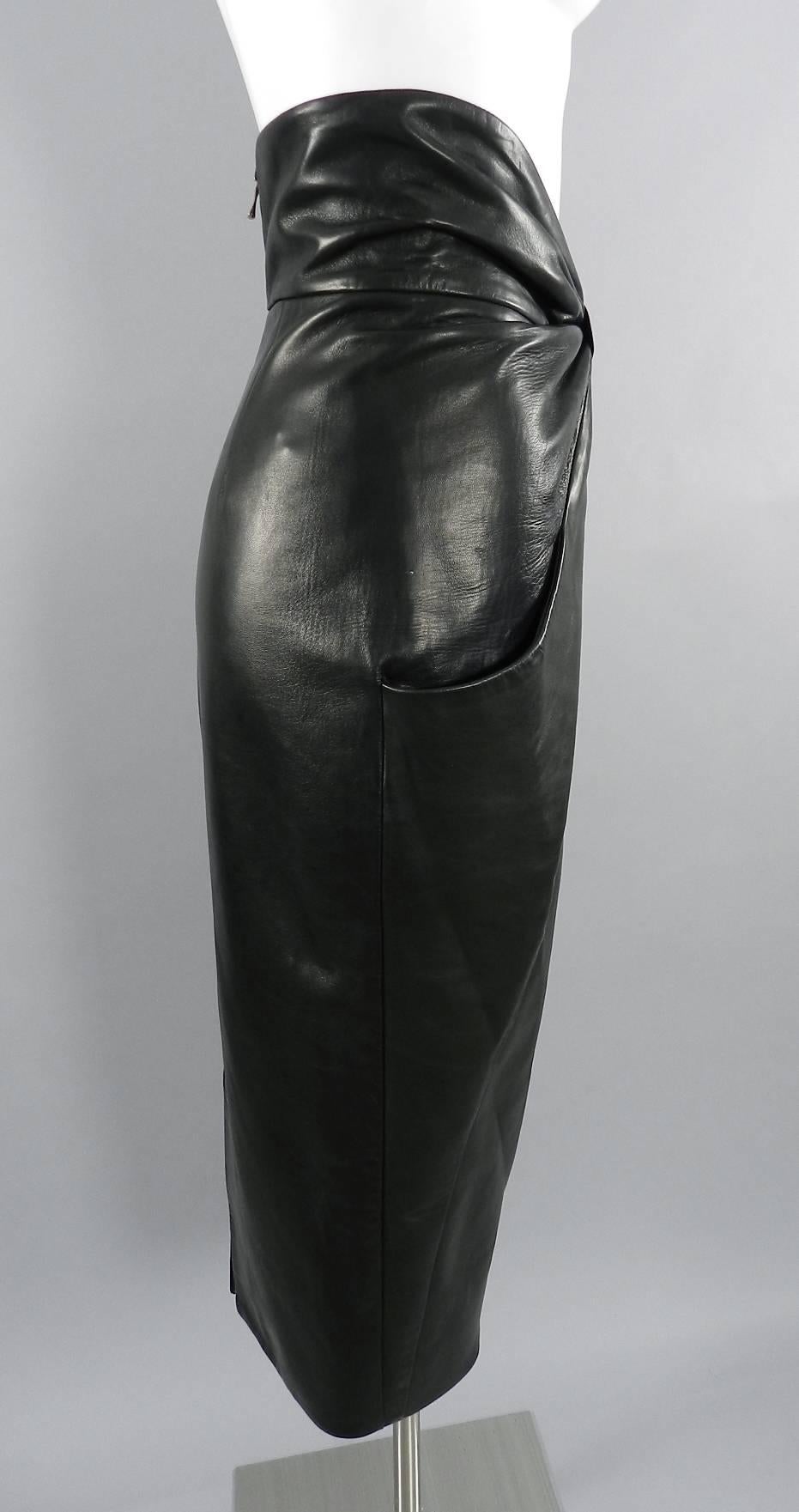 Balmain Pre Fall 2014 Black Leather High Waist Ruched Midi Skirt  3