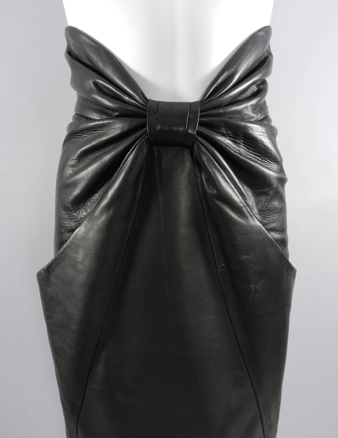 Balmain Pre Fall 2014 Black Leather High Waist Ruched Midi Skirt 4