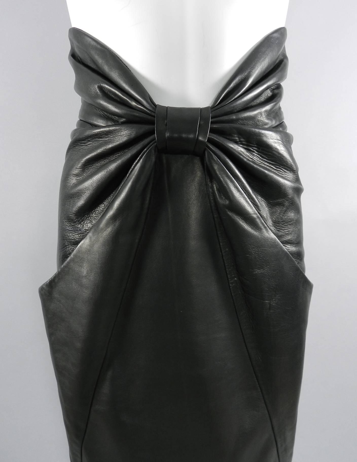 Balmain Pre Fall 2014 Black Leather High Waist Ruched Midi Skirt  4