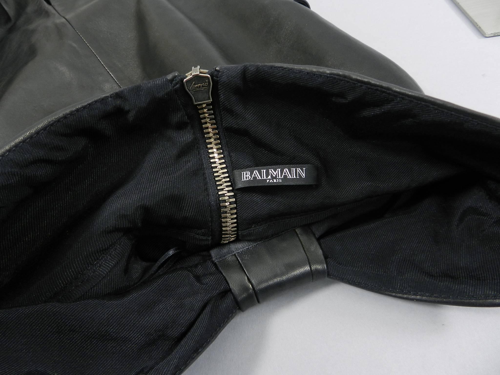 Balmain Pre Fall 2014 Black Leather High Waist Ruched Midi Skirt  6