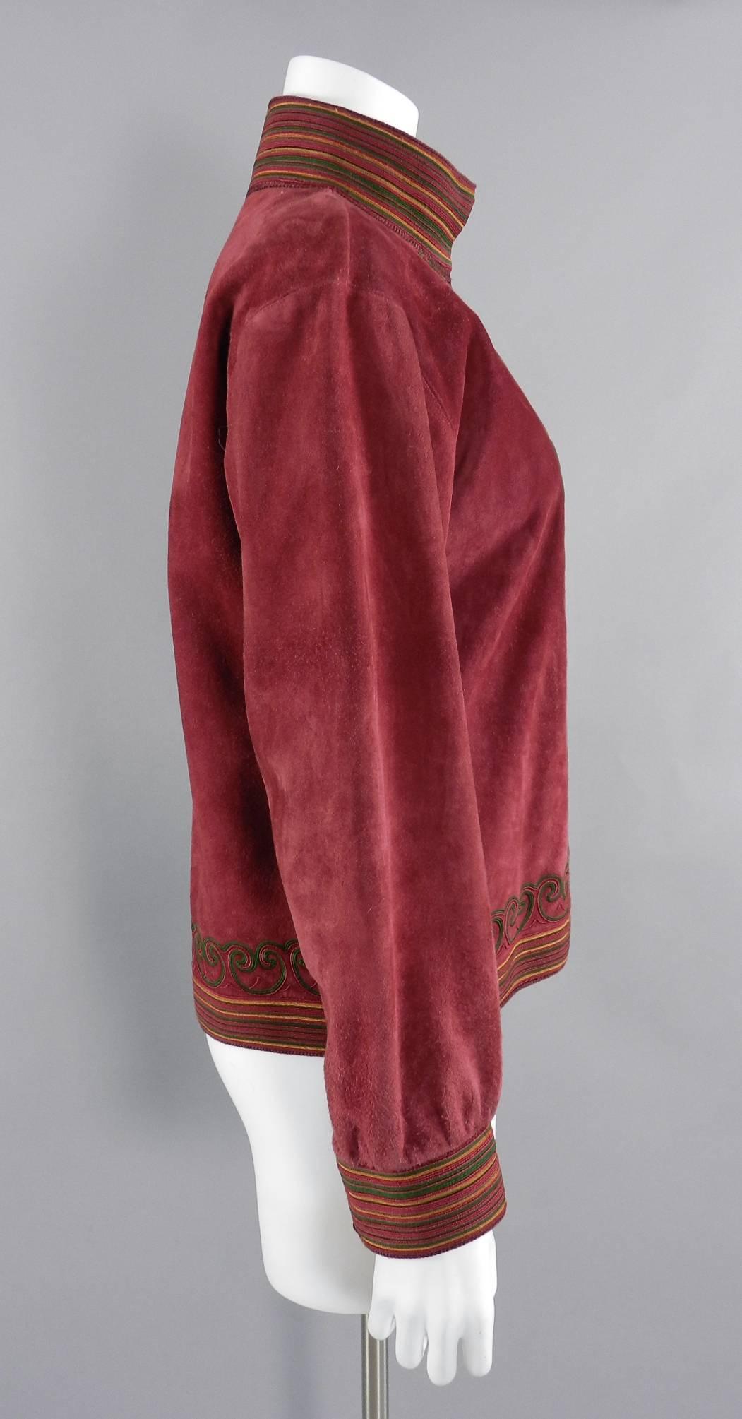 Brown Yves Saint Laurent Vintage 1970's Burgundy Suede Soutache Trim Jacket