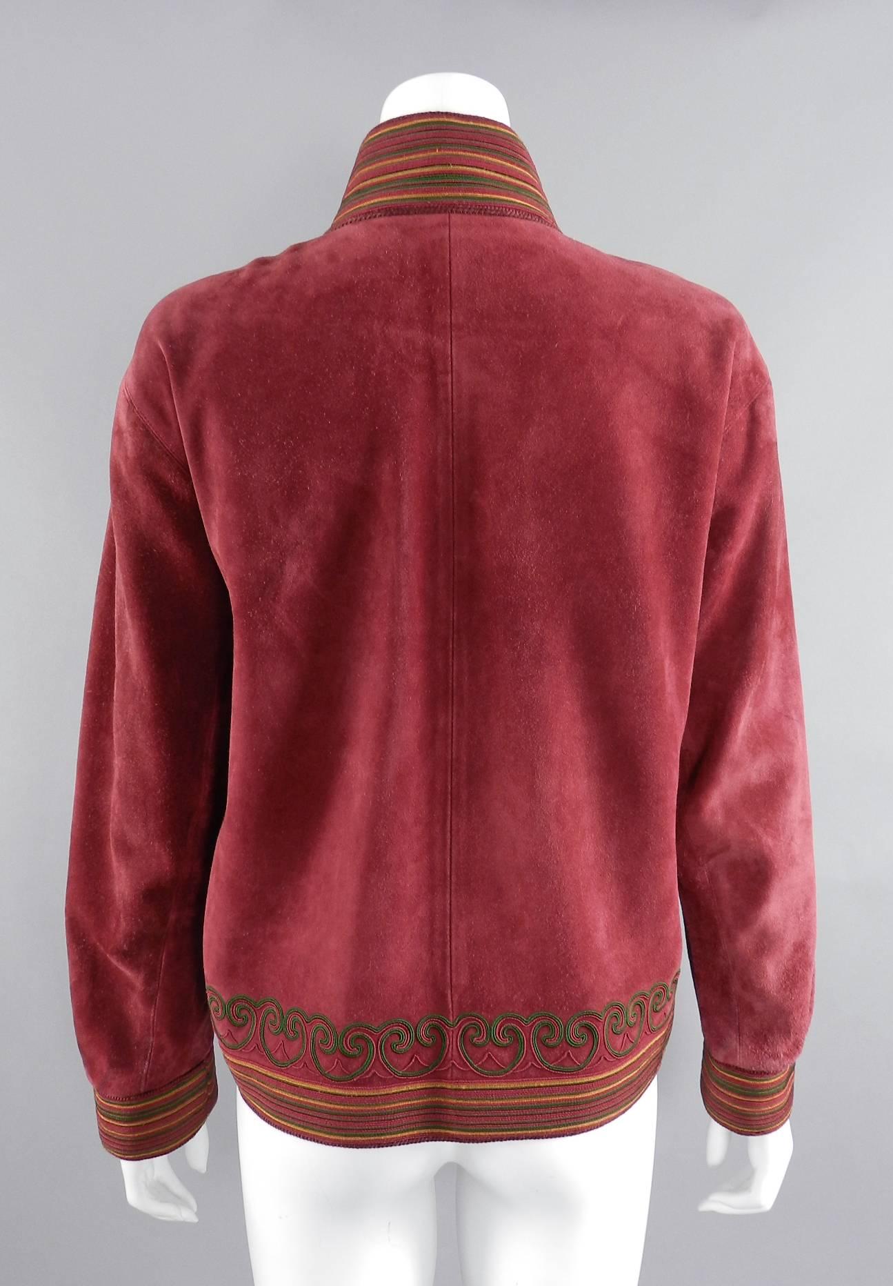 Yves Saint Laurent Vintage 1970's Burgundy Suede Soutache Trim Jacket In Excellent Condition In Toronto, ON