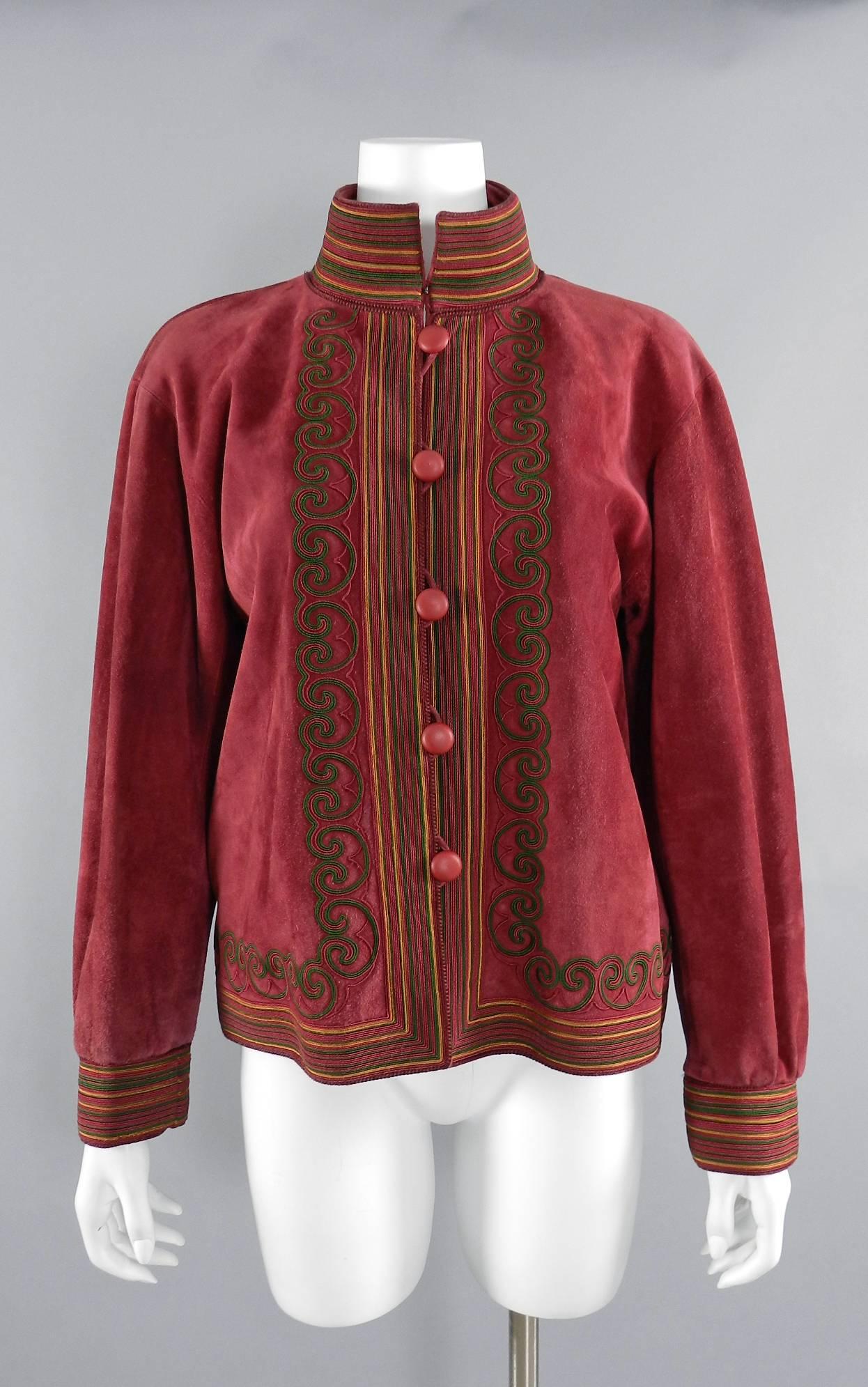 Yves Saint Laurent Vintage 1970's Burgundy Suede Soutache Trim Jacket 2