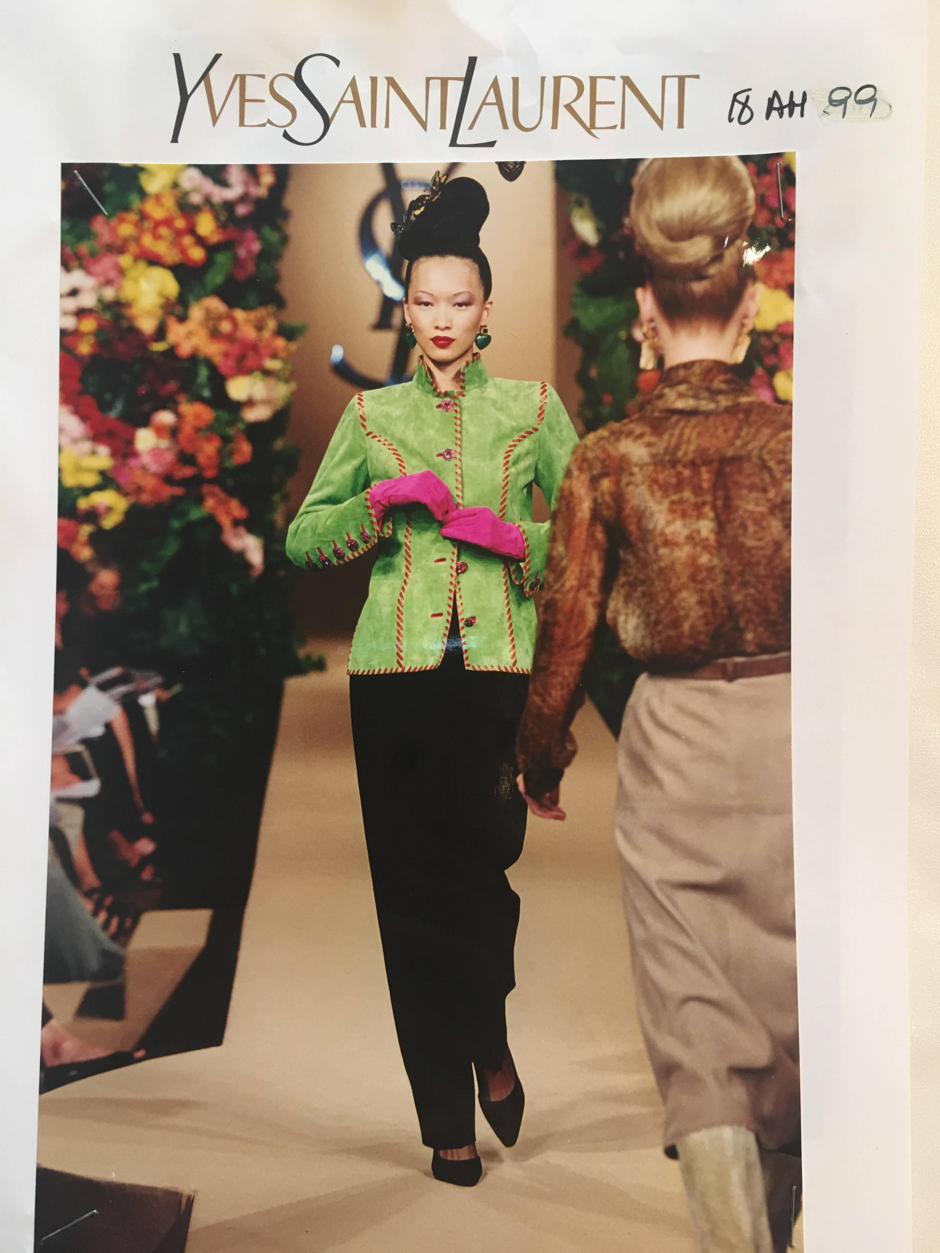 Yves Saint Laurent AW 1999 Haute Couture Suede Jacket.  Archival runway photo included for reference.  Lime green suede body with fuchsia pink whipstitched edges and rhinestone jewelled buttons.  Lined in bright fuchsia satin.  Approximate size FR