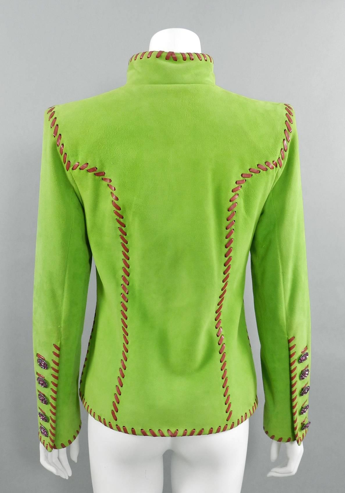 Yves Saint Laurent AW 1999 Haute Couture Lime Green and Fuchsia Suede Jacket In Excellent Condition For Sale In Toronto, ON