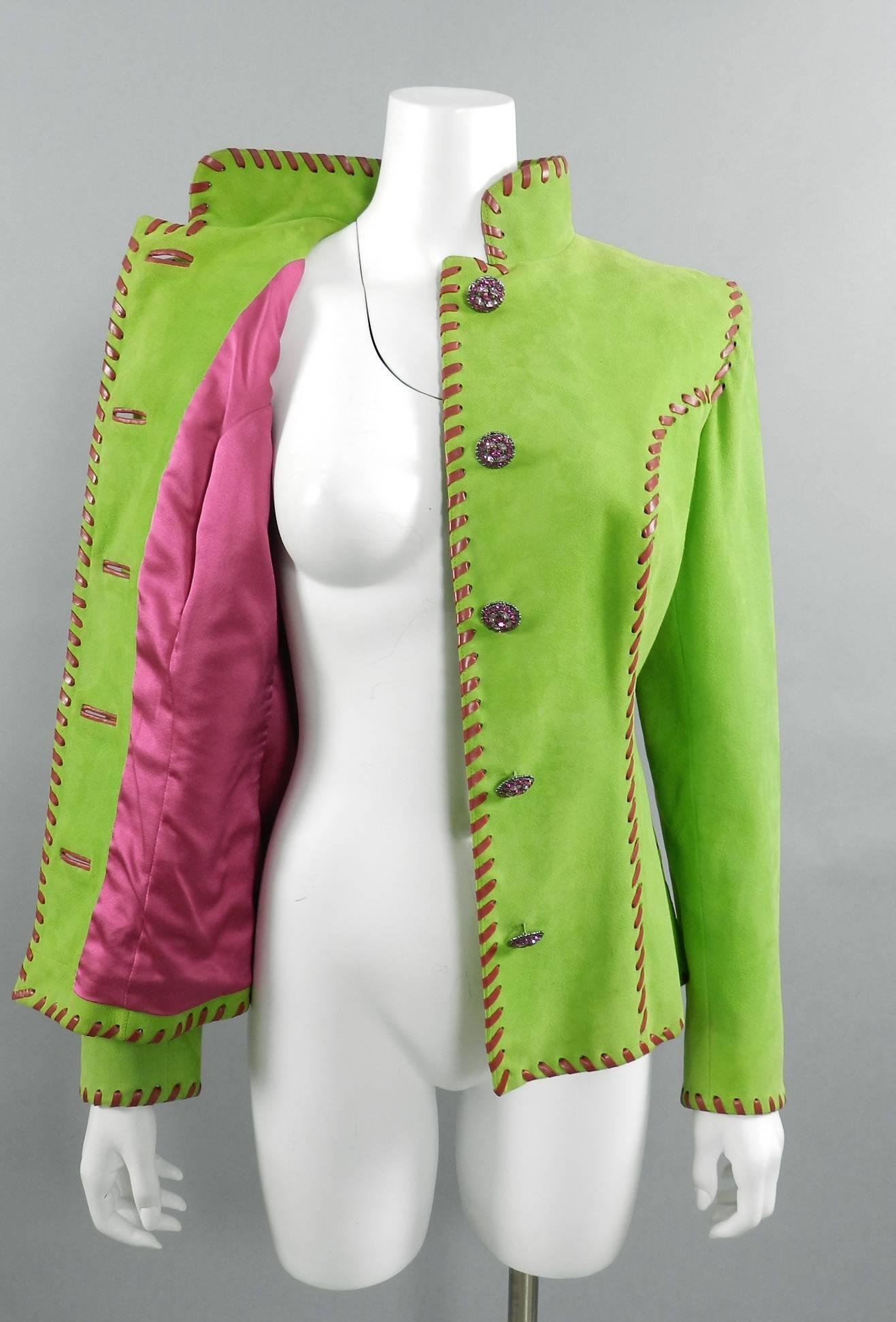 Women's Yves Saint Laurent AW 1999 Haute Couture Lime Green and Fuchsia Suede Jacket For Sale