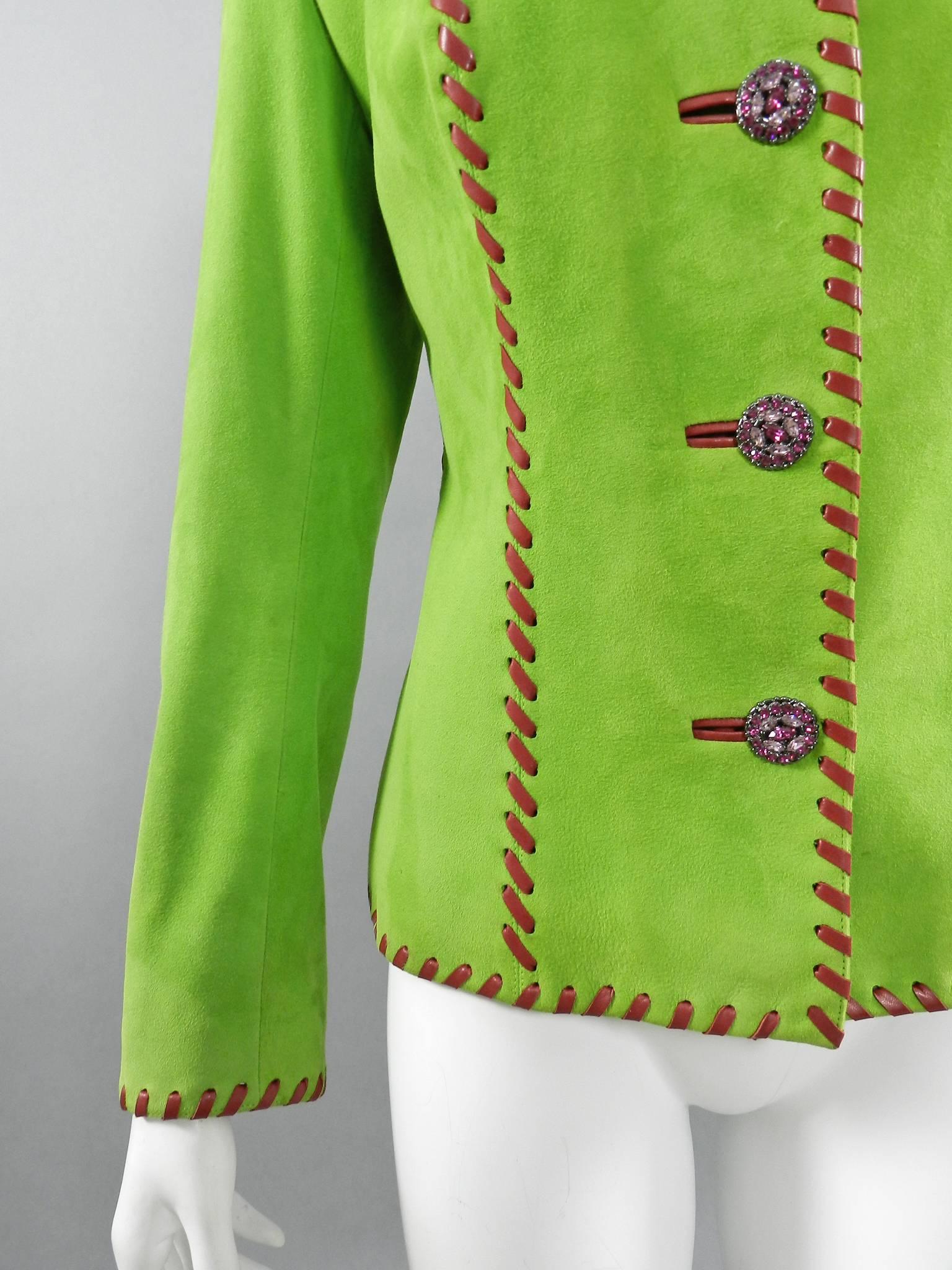 Yves Saint Laurent AW 1999 Haute Couture Lime Green and Fuchsia Suede Jacket For Sale 1
