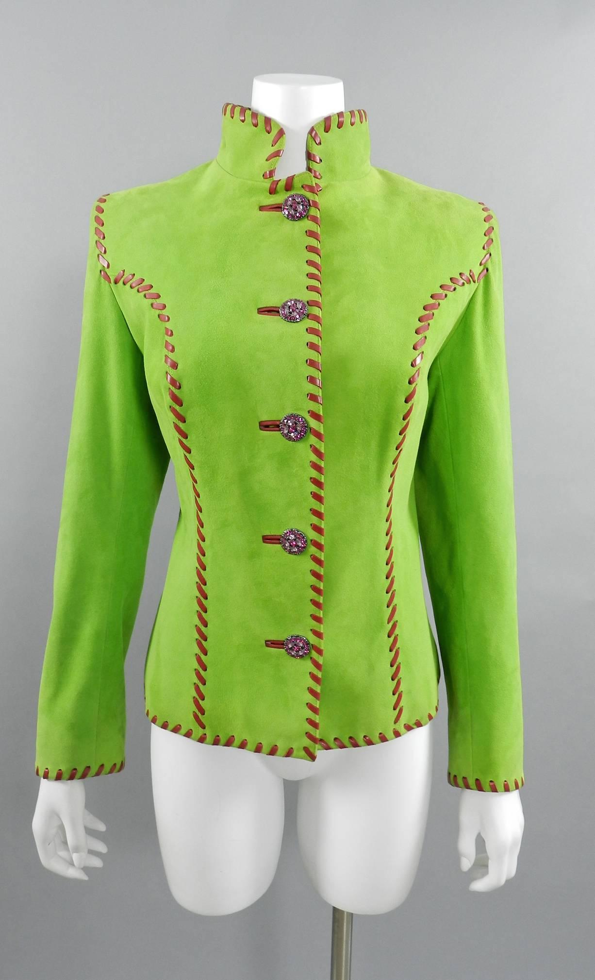 Yves Saint Laurent AW 1999 Haute Couture Lime Green and Fuchsia Suede Jacket For Sale 3