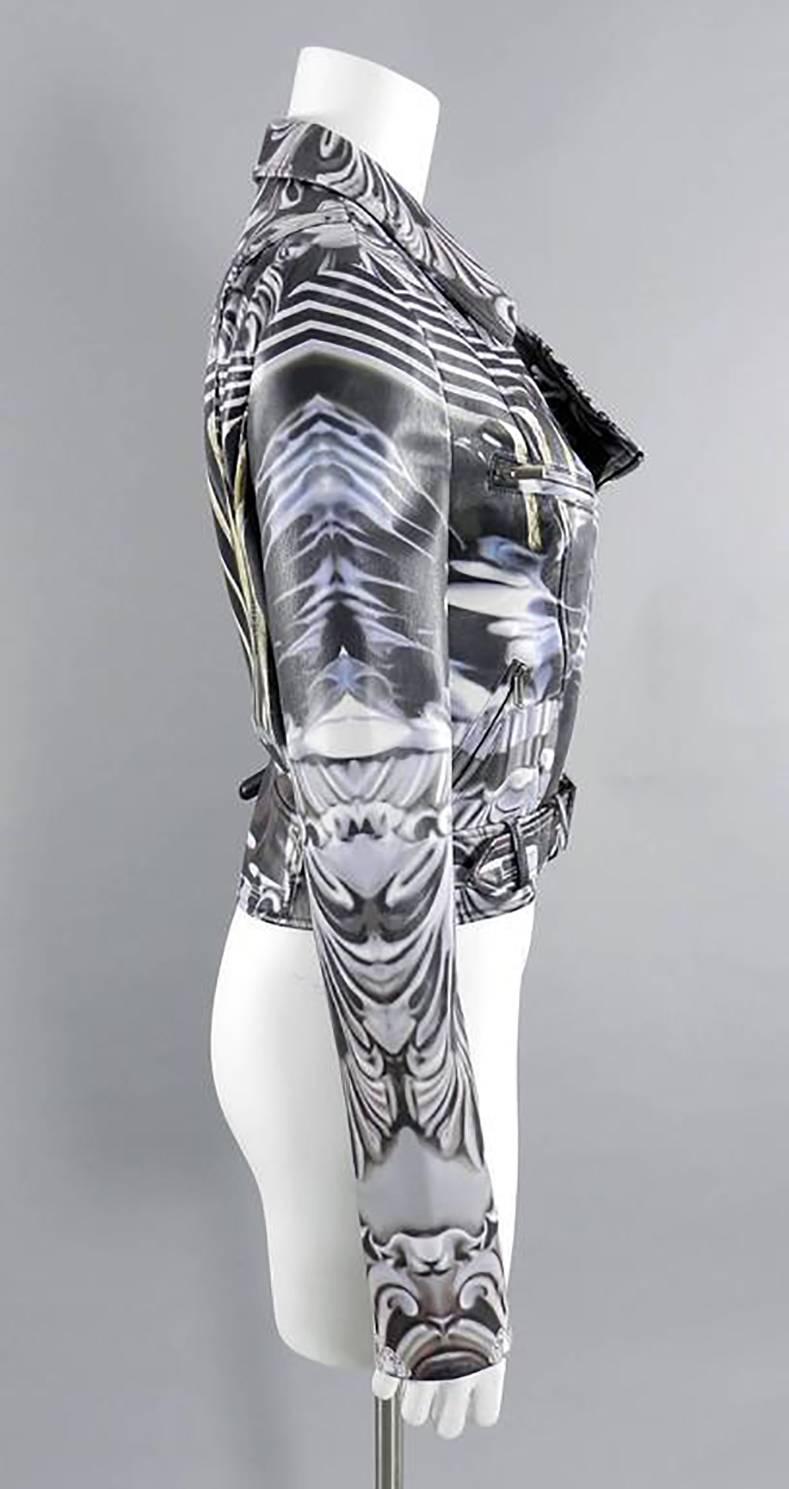 Mary Katrantzou photoprint leather biker jacket. Blue, grey, white, yellow, dark brown design on soft lambskin leather. Brand new without tags - original retail approx. 8k+. Has small area of pen marks on left sleeve (pictured), but does not detract