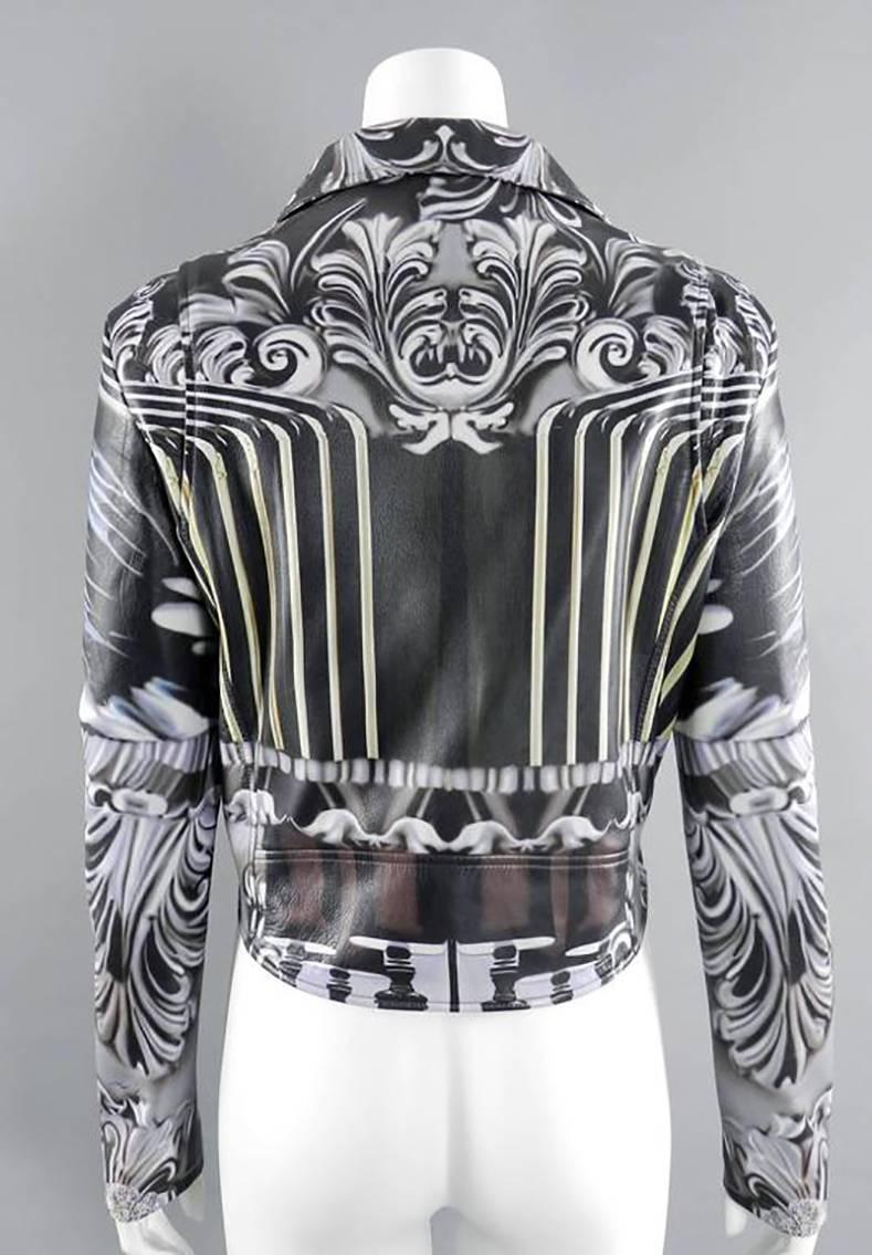 Mary Katrantzou Gray Photoprint Leather Motorcycle Jacket In Excellent Condition In Toronto, ON