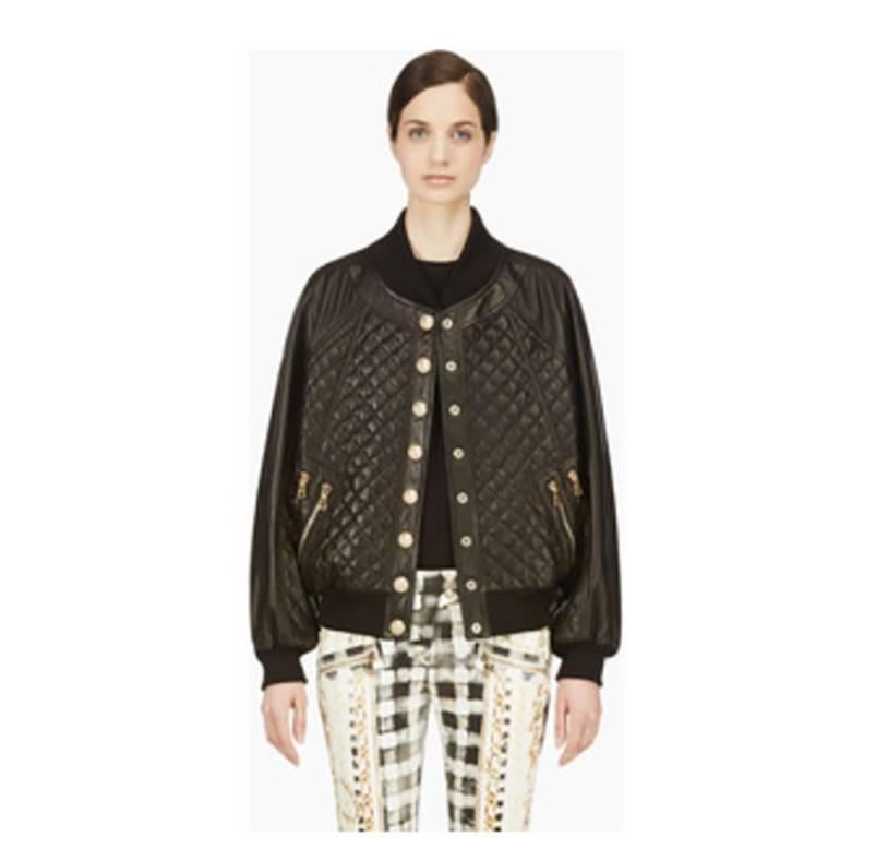 Balmain Black Lambskin Leather Quilted Bomber Jacket.  Goldtone metal lion head snap buttons down front, zippers at side hip, ribbed stretch jersey fabric trim.  Original retail $8900+.  Tagged size FR 34 (USA 2) but fits oversized and can fit USA 4