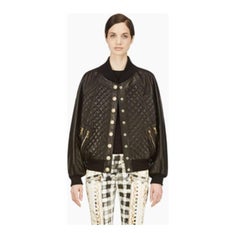 Balmain Black Lambskin Leather Quilted Bomber Jacket