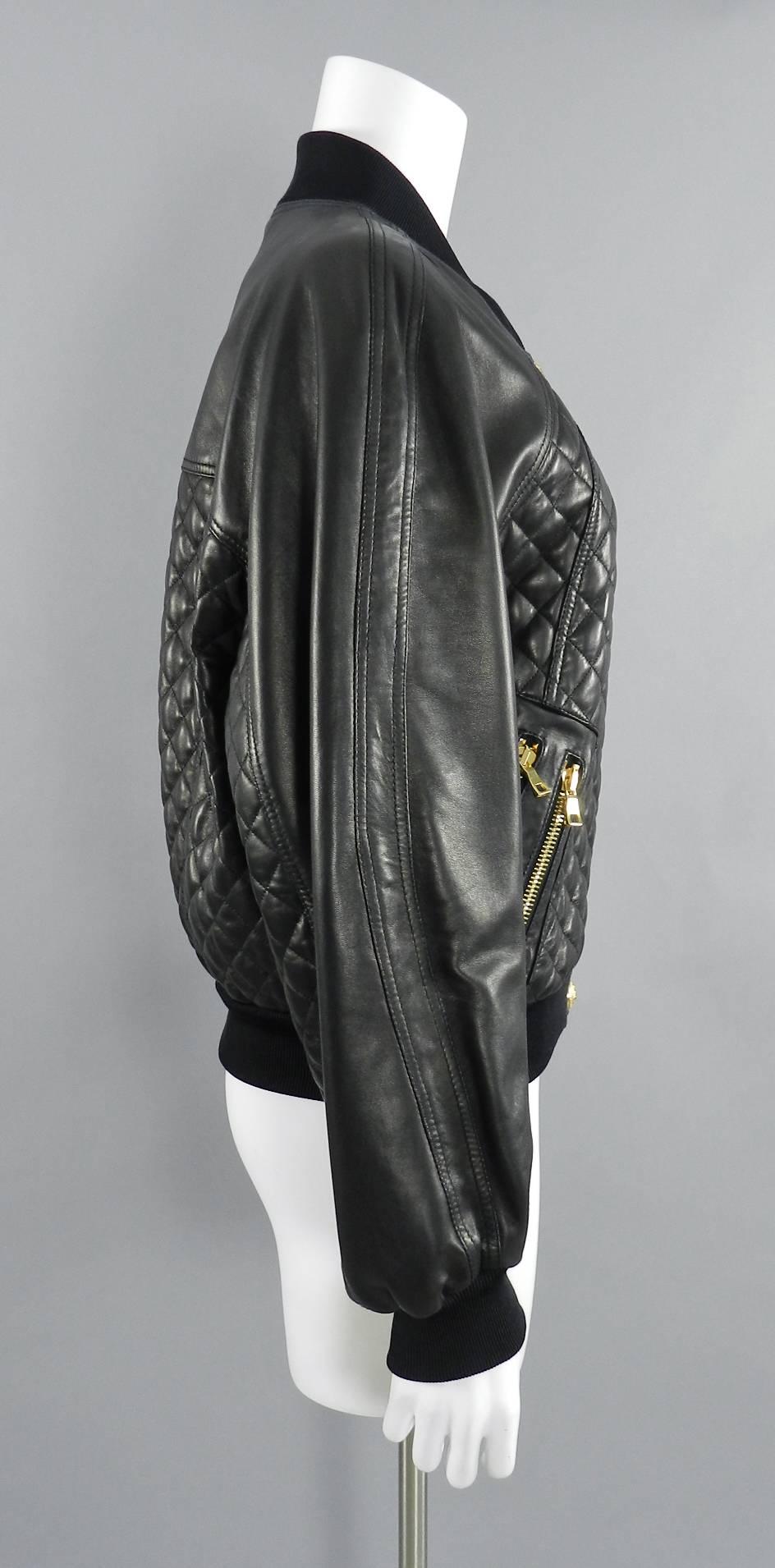 Balmain Black Lambskin Leather Quilted Bomber Jacket  In Excellent Condition In Toronto, ON